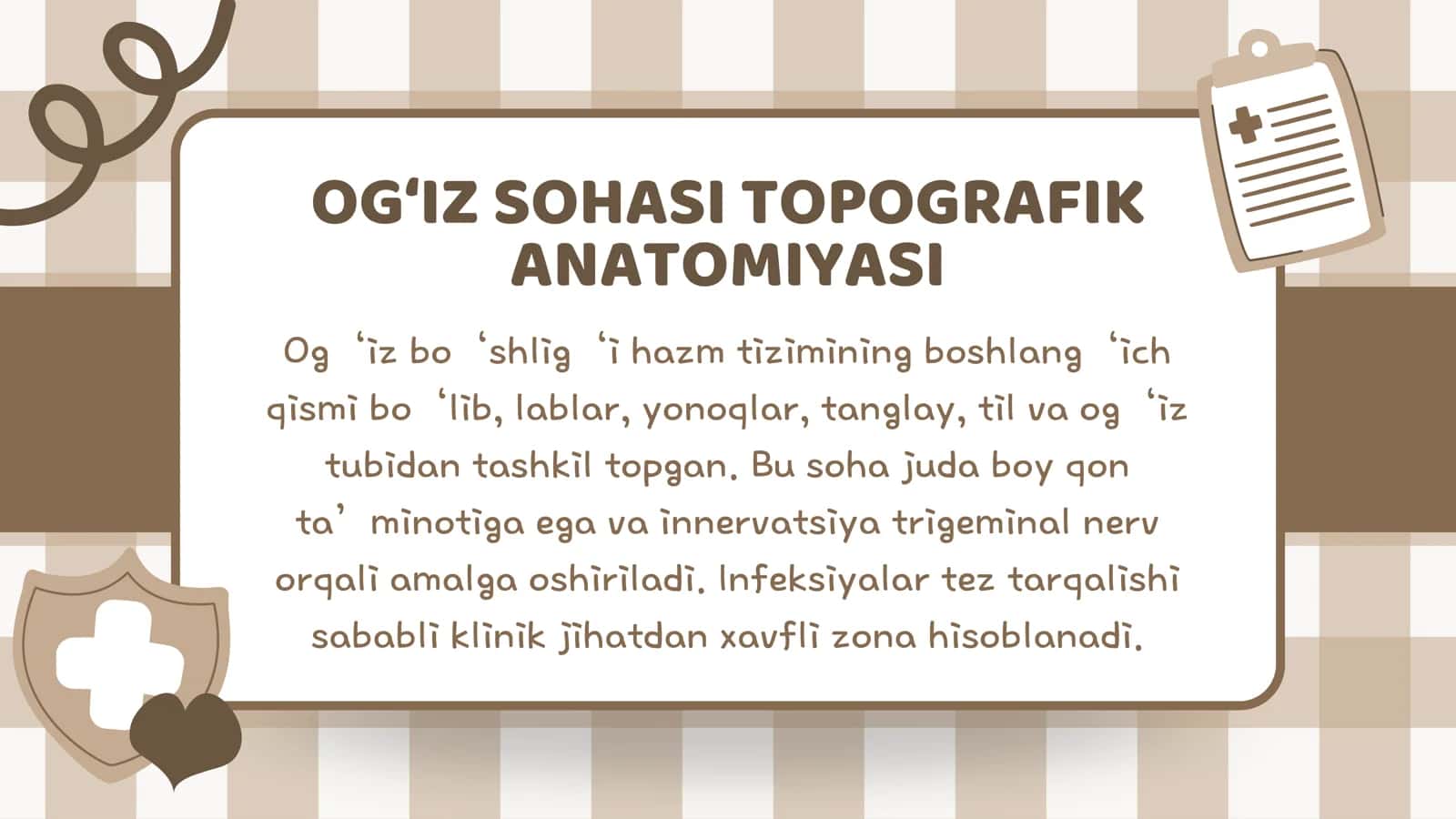 Yuzning oldingi bo‘limi: og‘iz sohasi va engak sohasi topografik anatomiyasi. Yuqori va pastki jag‘ tishlarini og‘riqsizlantirish usullari va texnikasi. Og‘iz tubi flegmonasini ochish va drenajlash. 2