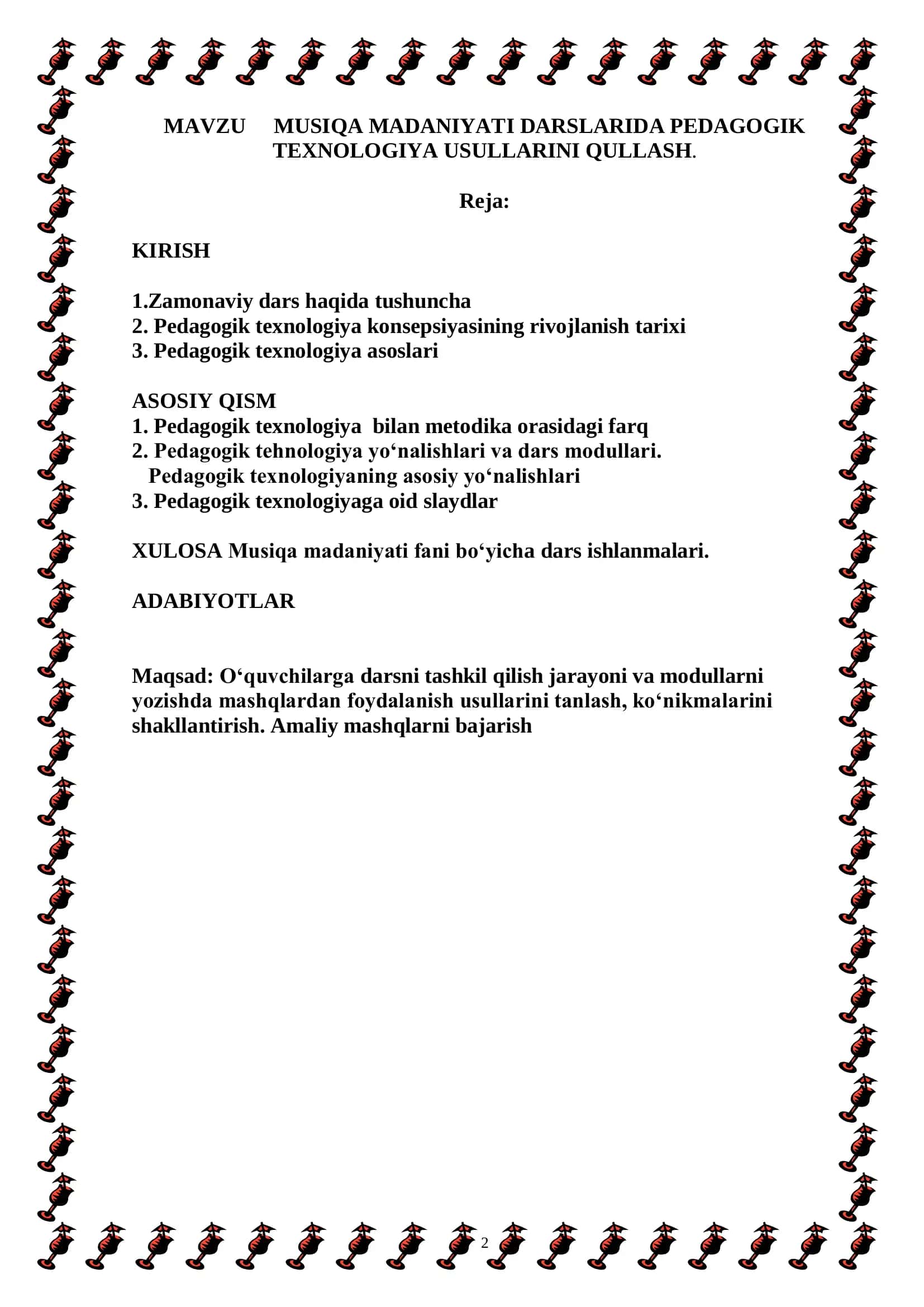 MUSIQA MADANIYATI DARSLARIDA PEDAGOGIK TEXNOLOGIYA USULLARINI QULLASH 2