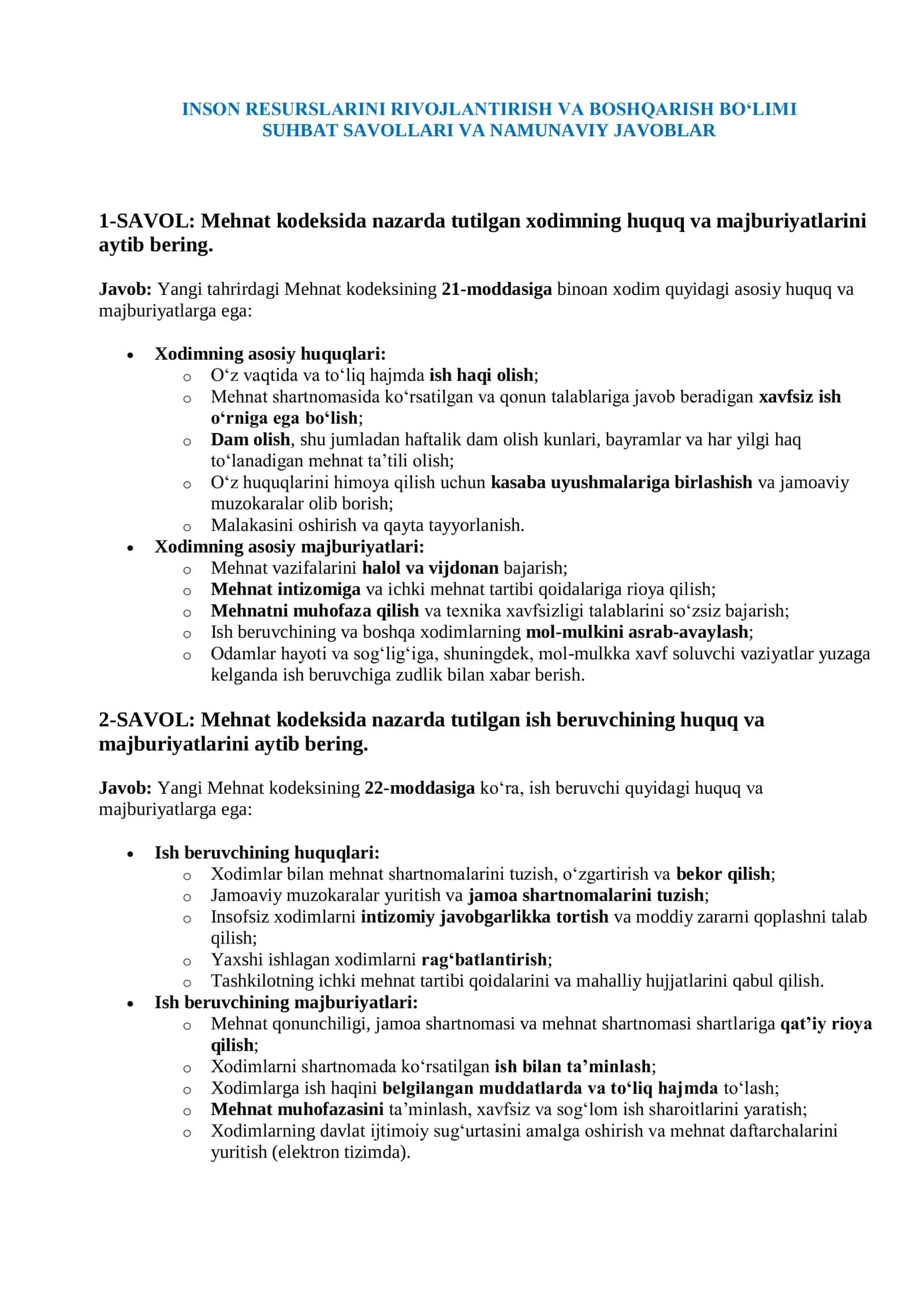 INSON RESURSLARINI RIVOJLANTIRISH VA BOSHQARISH BO‘LIMI SUHBAT SAVOLLARI JAVOBI 2026 YIL 2