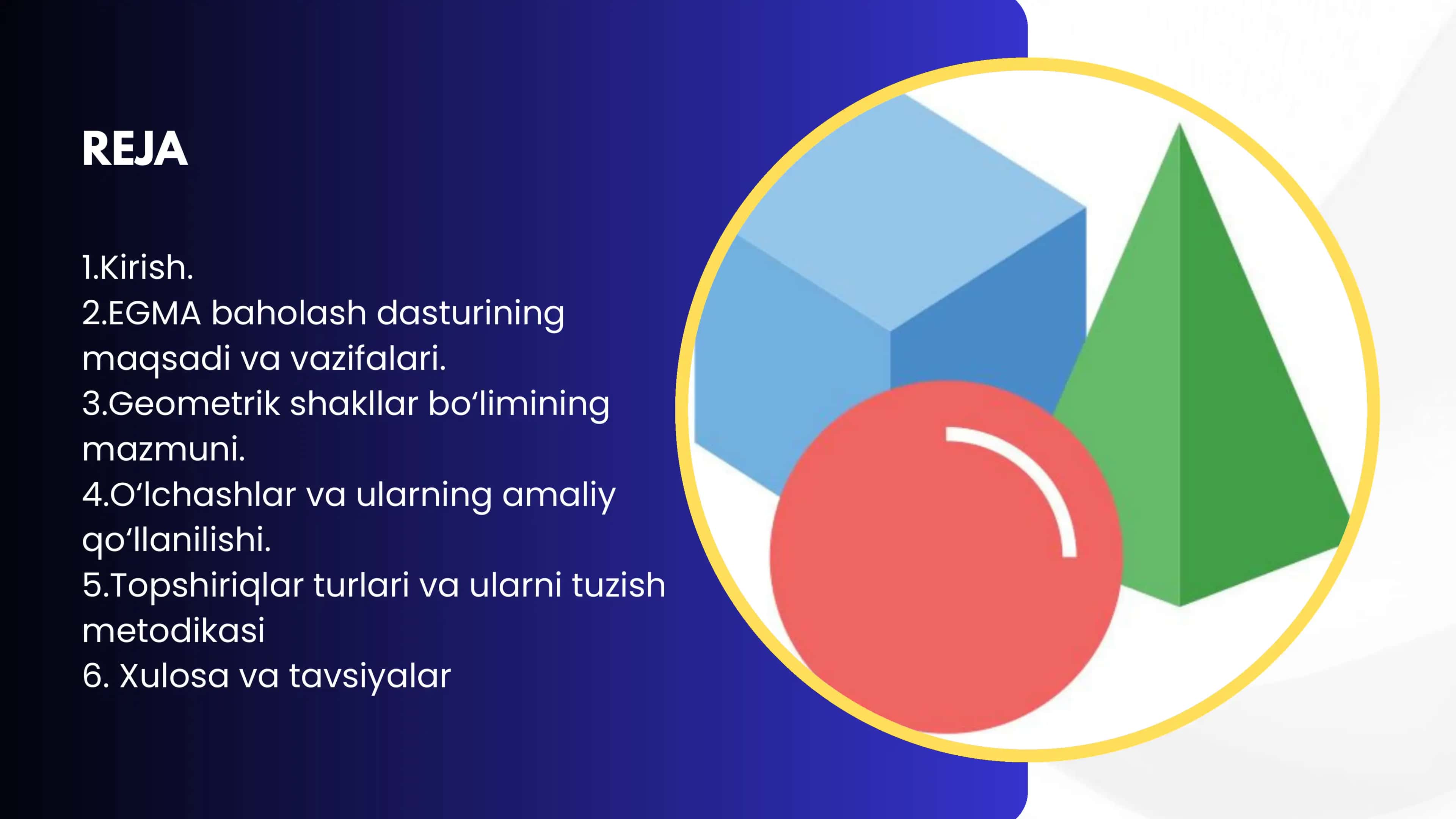 EGMA BAHOLASH DASTURIDA "GEOMETRIK SHAKLLAR VA O‘LCHASHLAR" MAZMUN SOHASIGA OID TOPSHIRIQLAR 2