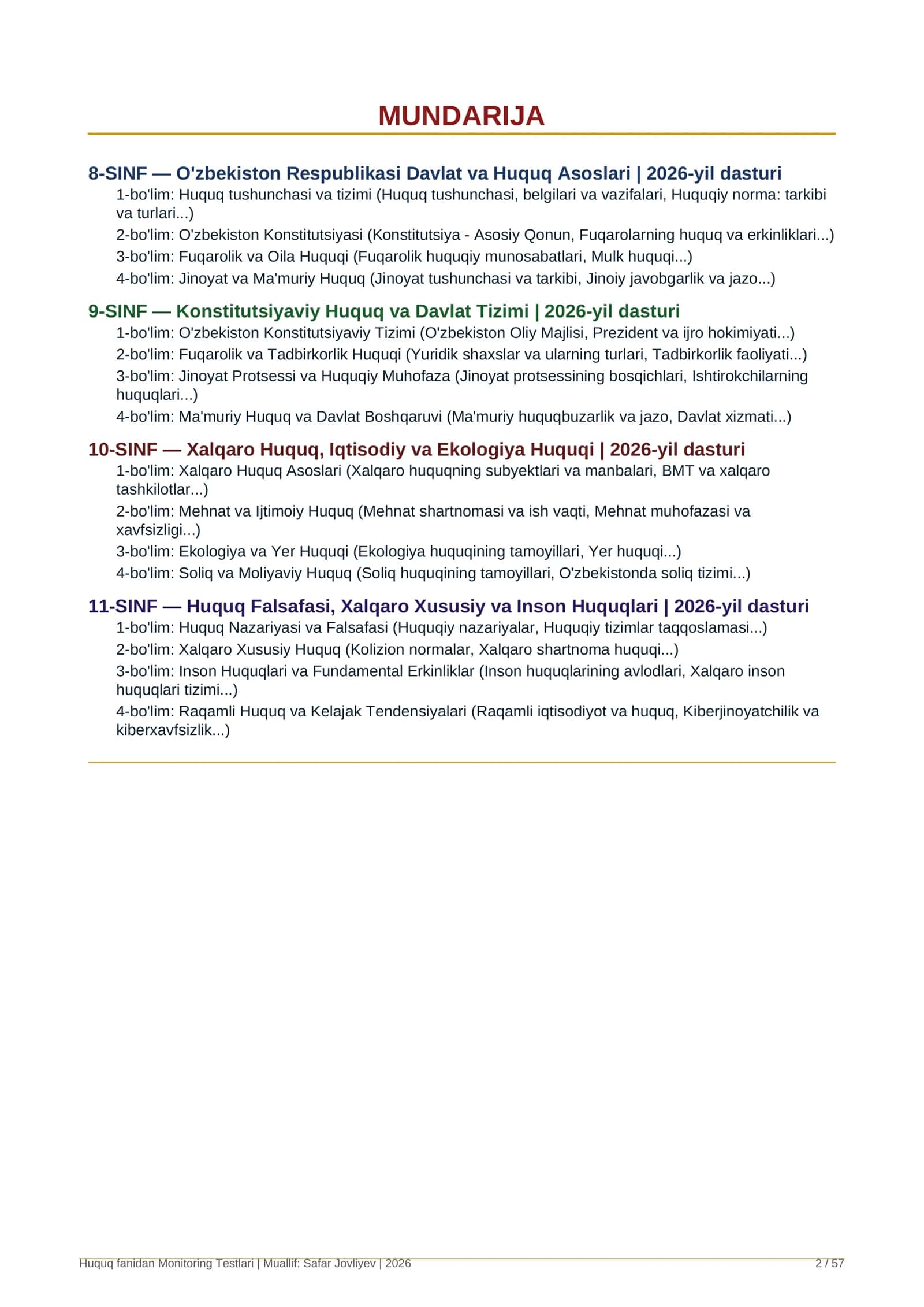 HUQUQ FANIDAN MONITORING TESTLARI TO'PLAMI 2