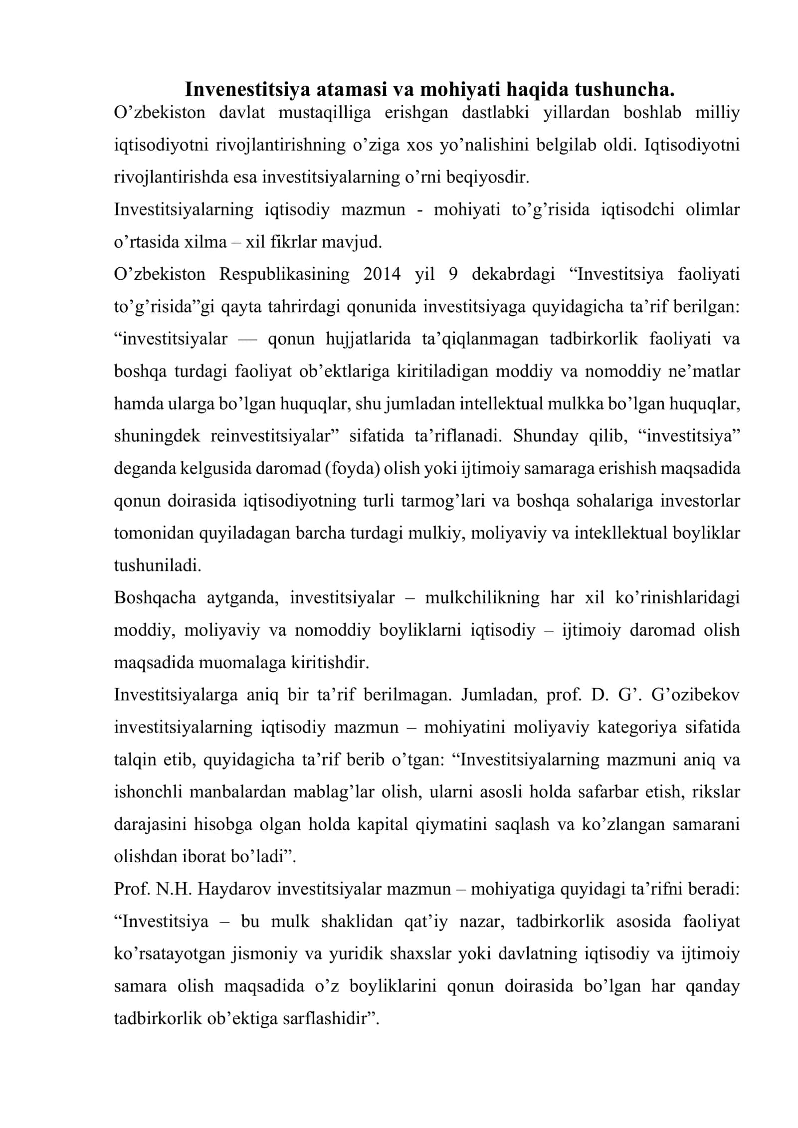 Investitsiyalarning iqtisodiy mohiyati va tasniflanishi 2