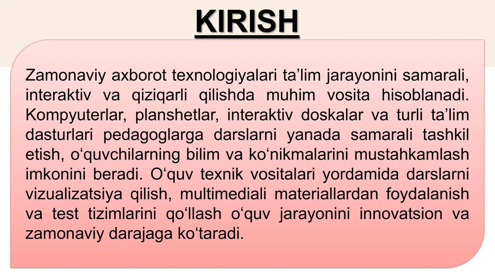 ZAMONAVIY AXBOROT TEXNOLOGIYALARI O'QUV TEXNIK VOSITALARI BILAN ISHLASH 2