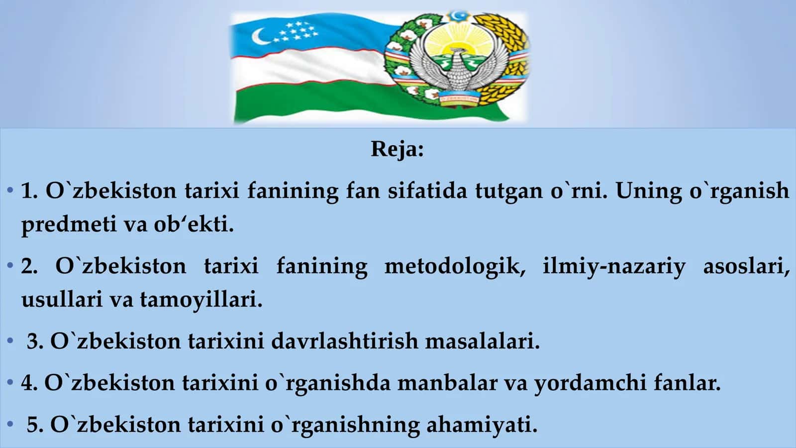 O`zbekiston tarixi fanining predmeti va ob`ekti, uning o`rganishning nazariy metadalogik asoslari, manbalar va ahamiyati 2