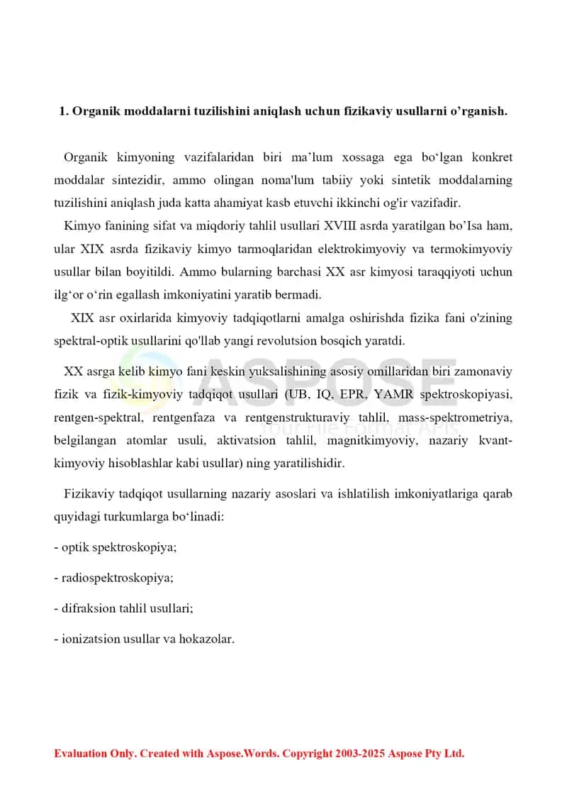 1. Organik moddalarni tuzilishini aniqlash uchun fizikaviy usullari (IQ, PMR) spektroskopiya. Referat 6 bet 3