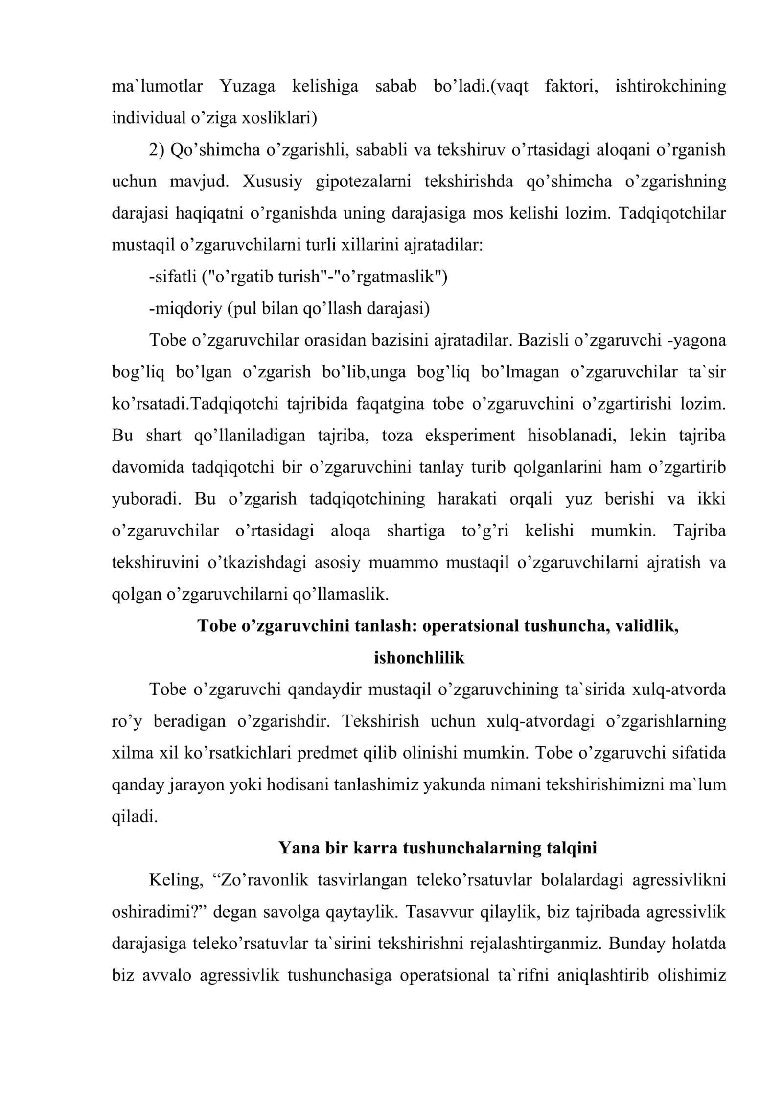 Eksperimentda o’tkaziladigan mustaqil va tobe o’zgaruvchilar tanlash 3
