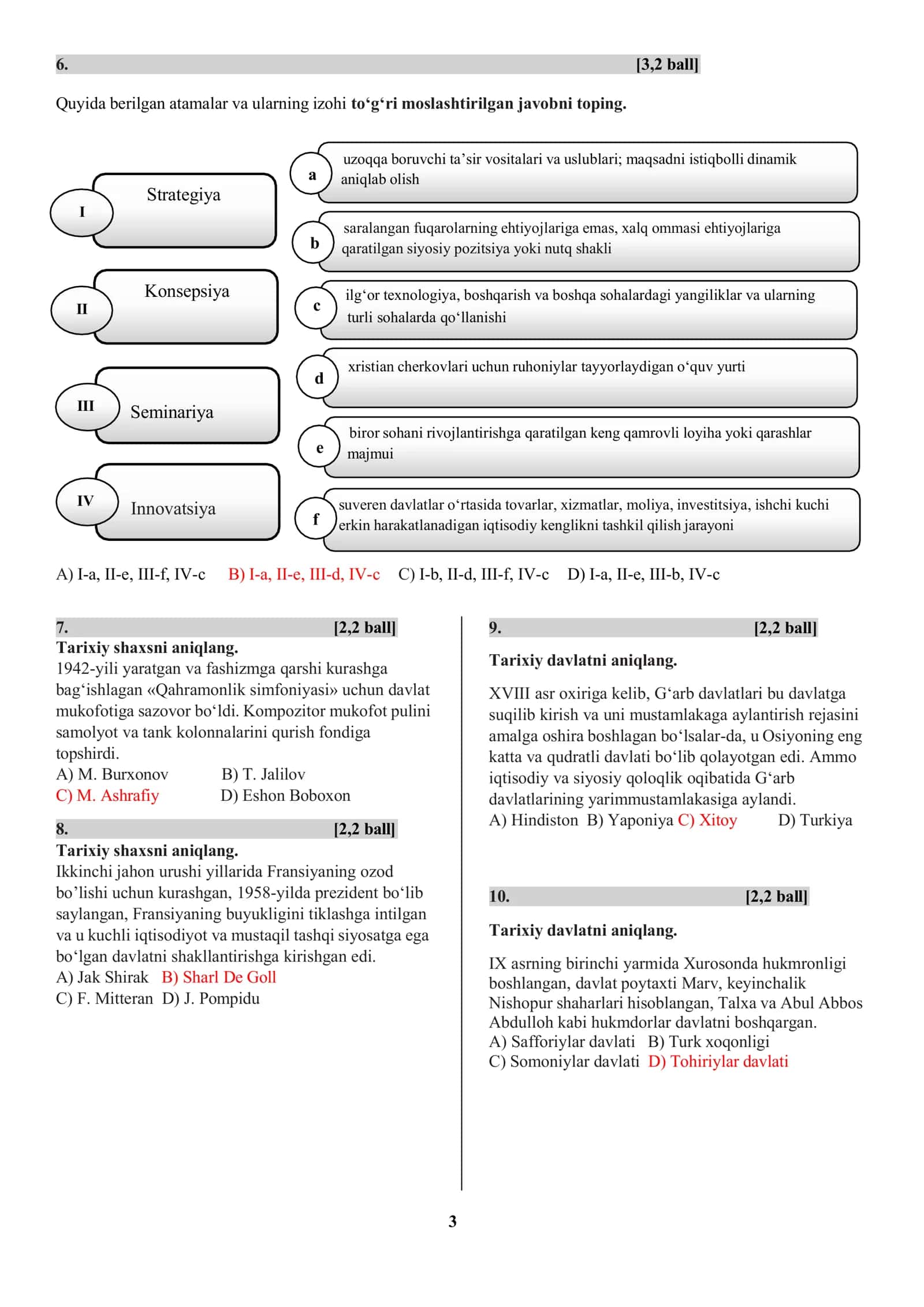 📘 Tarix fanidan Milliy Sertifikat uchun Test Savollari Kitobi | BMBA (Sobiq DTM) | 10 ta Variant | PDF 3