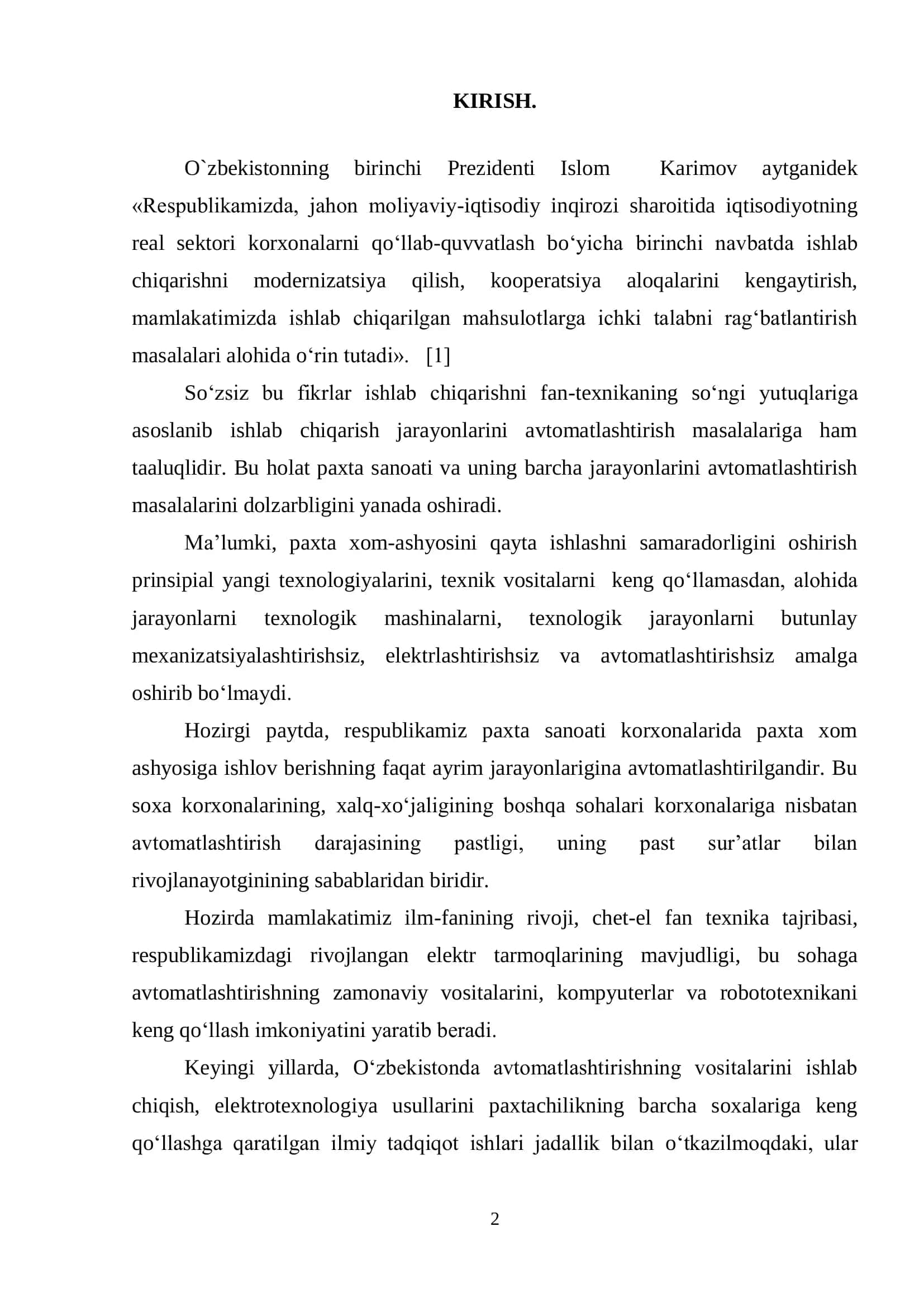 "PAXTA XOM ASHYOSINI QURITISHDA ISSIQLIK ISHLAB CHIQISH GENERATORINI AVTOMATIK ROSTLASH TIZIMINI TADQIQ ETISH" mavzusidagi BITIRUV MALAKAVIY ISHI 3