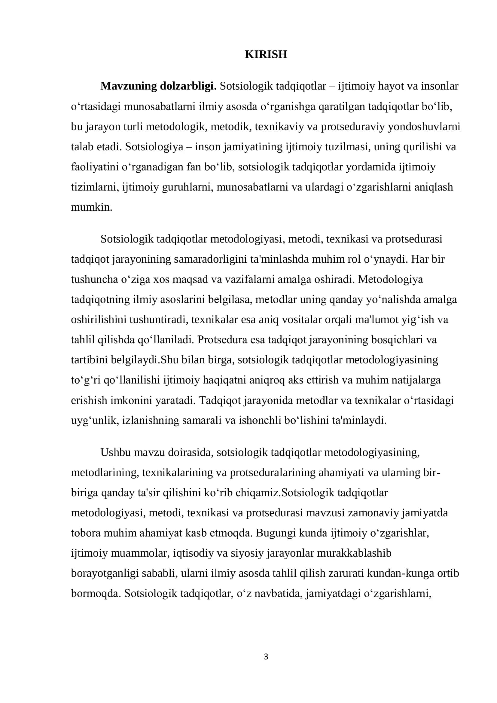 Sotsiologik tadqiqotlar metodologiyasi, metodi, texnikasi va protsedurasi tushunchalarining tavsifi” 3