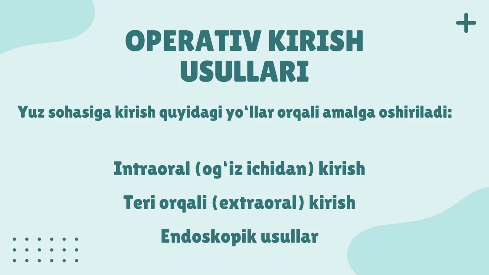 Yuz sohasi a’zolariga operativ ochib kirish usullari va texnikasi. Pastki jag‘ chiqishini to‘g‘rilash texnikasi. Yuz sohasidagi tug‘ma nuqsonlar. Yuzdagi plastik operatsiyalar. 3
