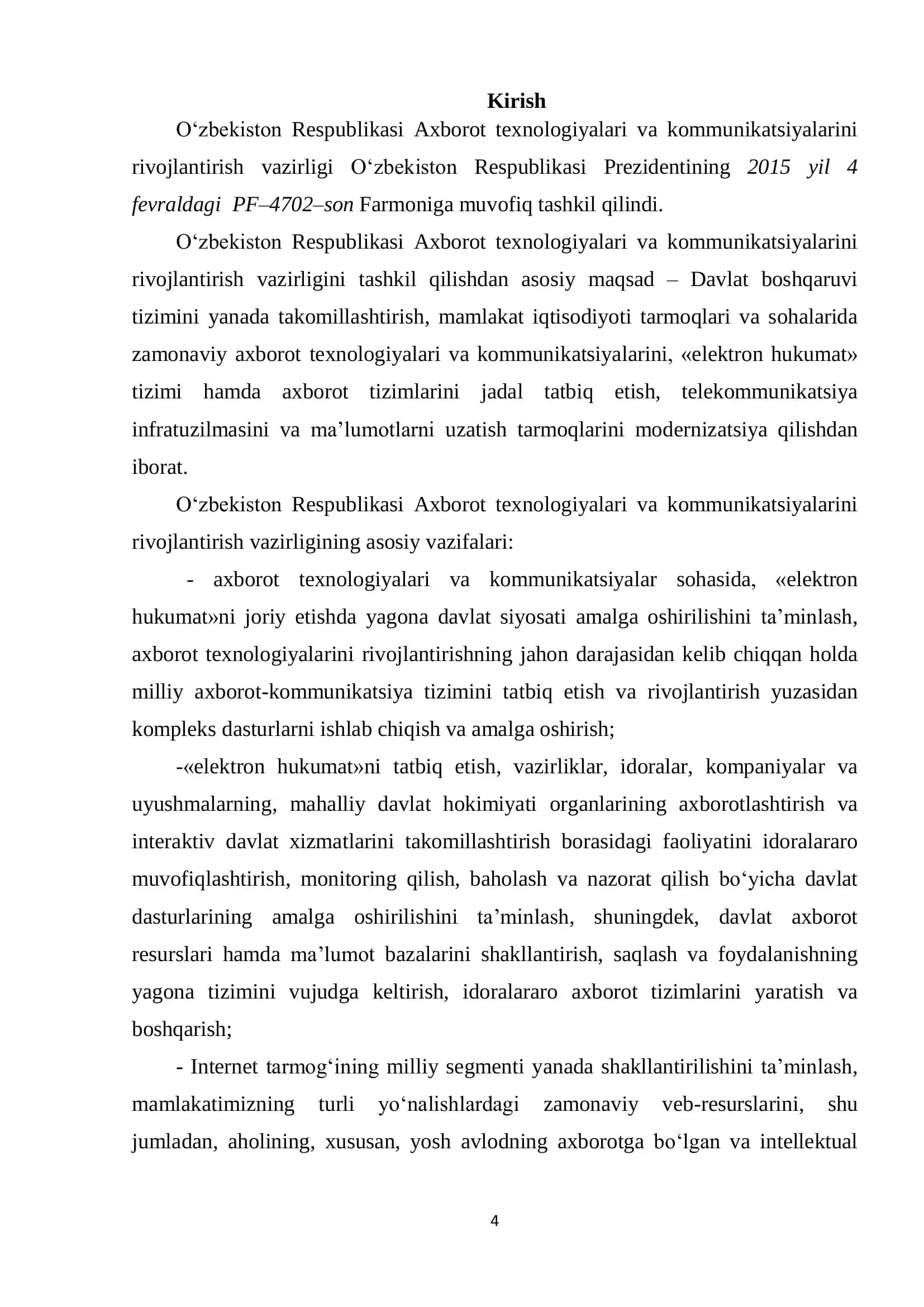 O‘ZBEKISTON RESPUBLIKASI AXBOROT TEXNOLOGIYALARI VA KOMMUNIKATSIYALARINI RIVOJLANTIRISH VAZIRLIGI 3
