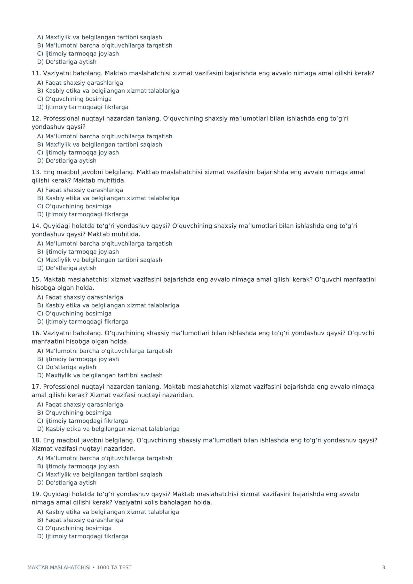Maktab Maslahatchisi 1000+ Test | Psixologik va Vaziyatli Savollar | Javoblar Kaliti | PDF 3