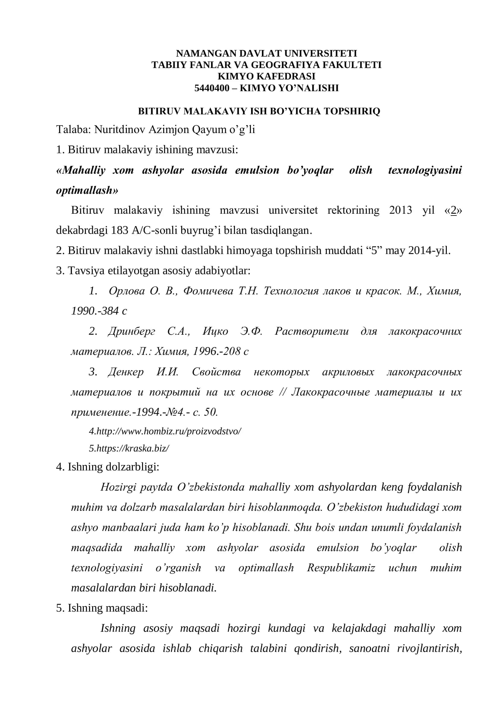 MAHALLIY XOM ASHYOLAR ASOSIDA EMULSION BO’YOQLAR OLISH TEXNOLOGIYASINI OPTIMALLASH 3