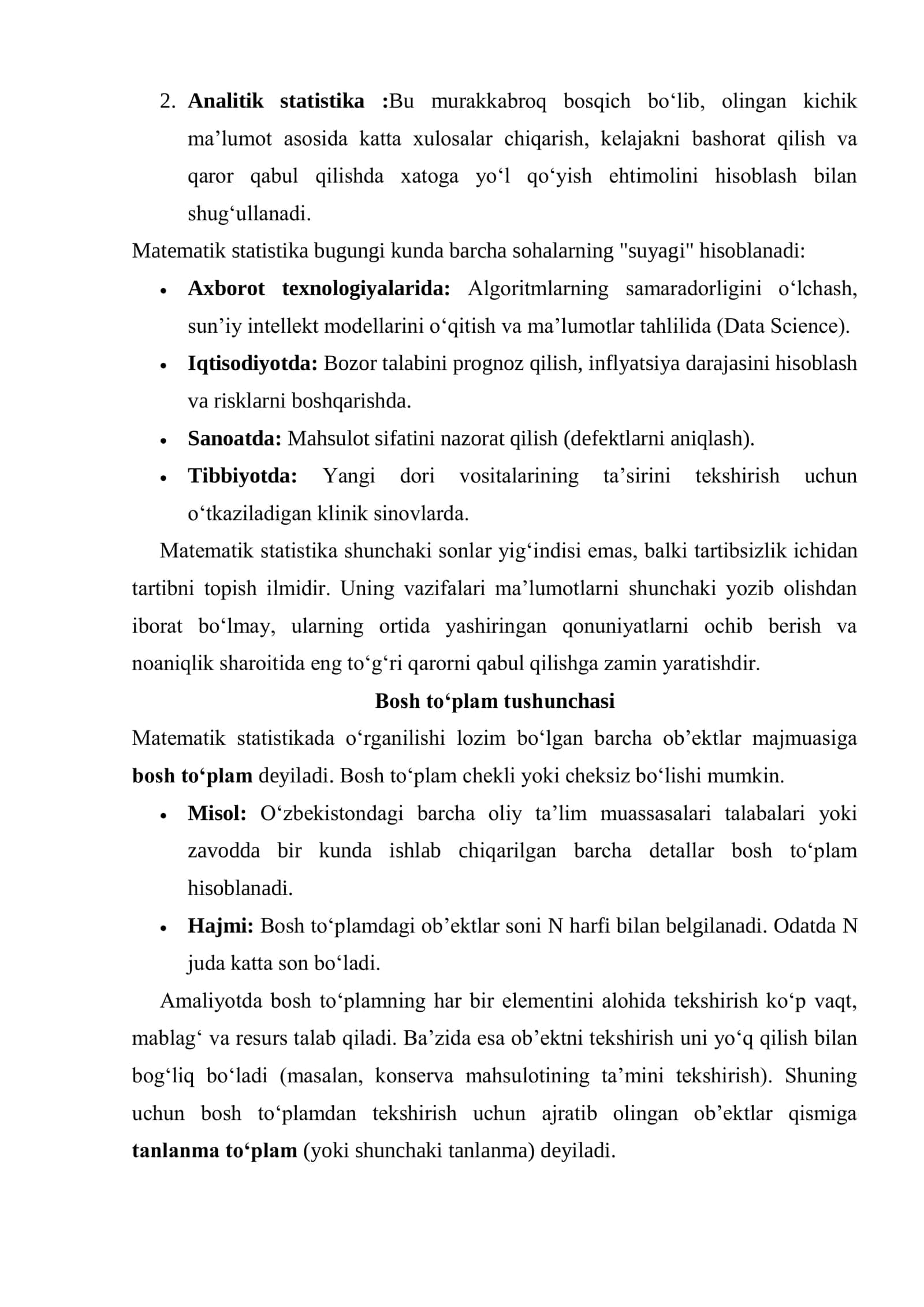 Matematik statistika va uning vazifalari. Bosh va tanlanma to‘plamalar. Tanlanmaning statistik taqsimoti, uni geometrik izohlash. Tanlanma xarakteristikalari. Nuqtaviy baho. Siljimagan, effektiv va asosli baholar 3