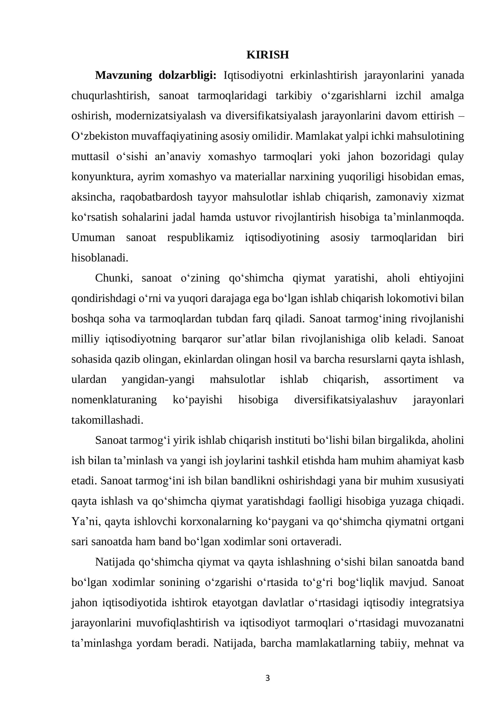 Kurs ishi "O‘ZBEKISTON SANOATINING XOMASHYO MANBAI VA UNI JOYLASHTIRISH" 3