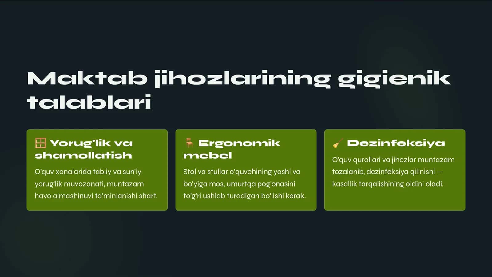 Maktablarni jihozlash va o'quv qurollariga bo'lgan gigienik talablar hamda o'qitish-tarbiyalash sharoitlarini optimallashtirish 3