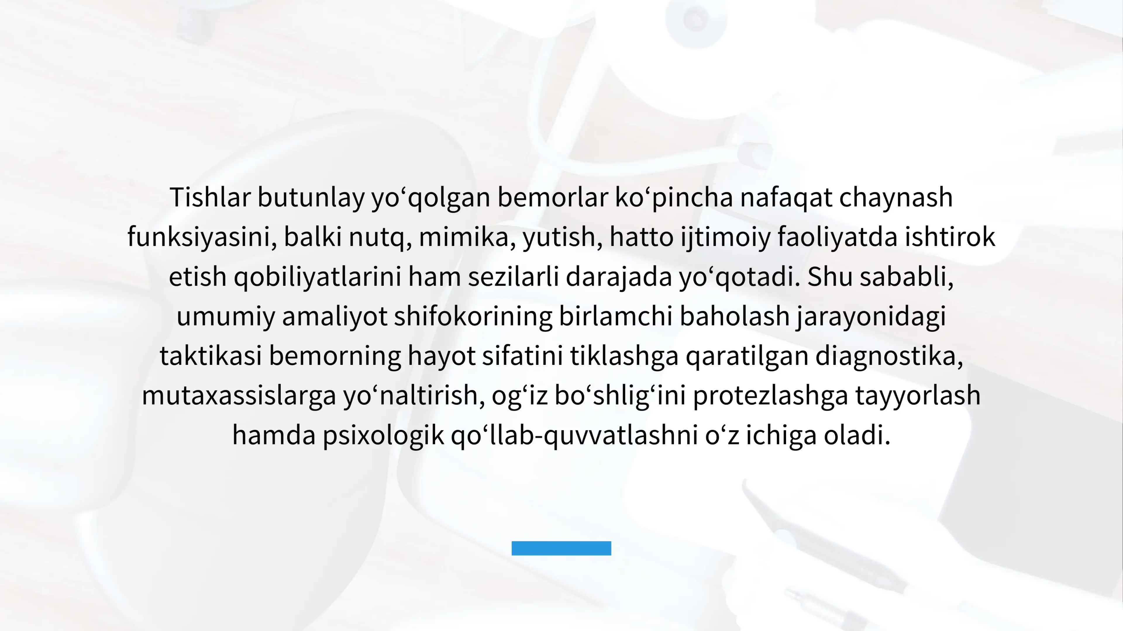 O‘zbekiston Respublikasining milliy klinik davolash protokollarigamuvofiq tishlari to‘liq yo‘q bo‘lgan bemorlarni protezlashgatayyorlashda umumiy amaliyot shifokorining taktikasi. Umumiyamaliyot shifokorstomatologi tomonidan bemorlarni keraklimutaxassislarga yo‘naltirish. 3