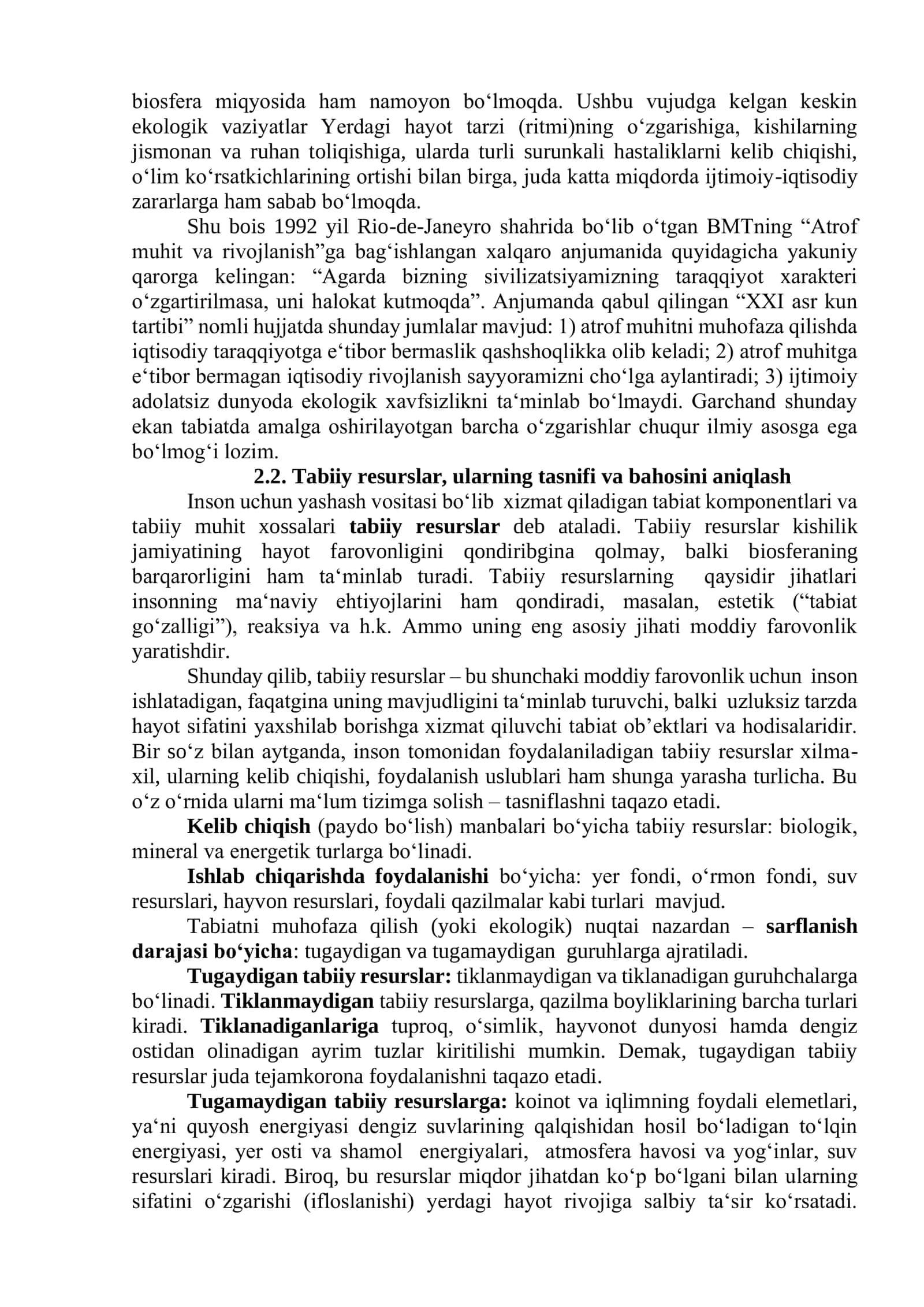 “Tabiat-jamiyat” tizimining ekologik jihatlari. Tabiiy resurslar, ularning tasnifi va iqtisodiy baholalsh 3