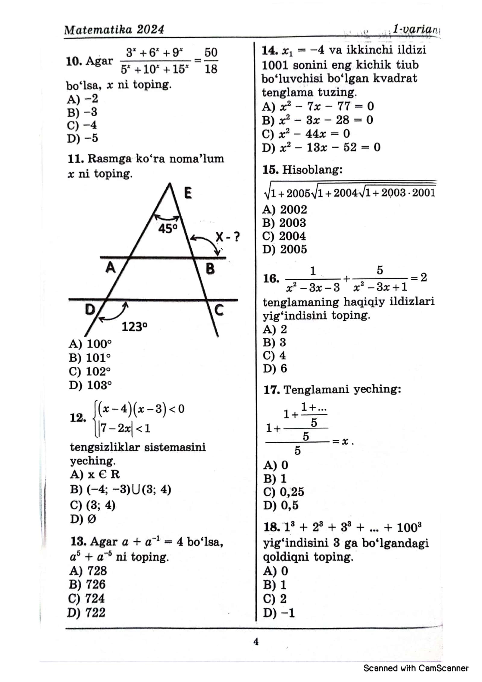 Matematika 2024 DTM misollar to'plami 3