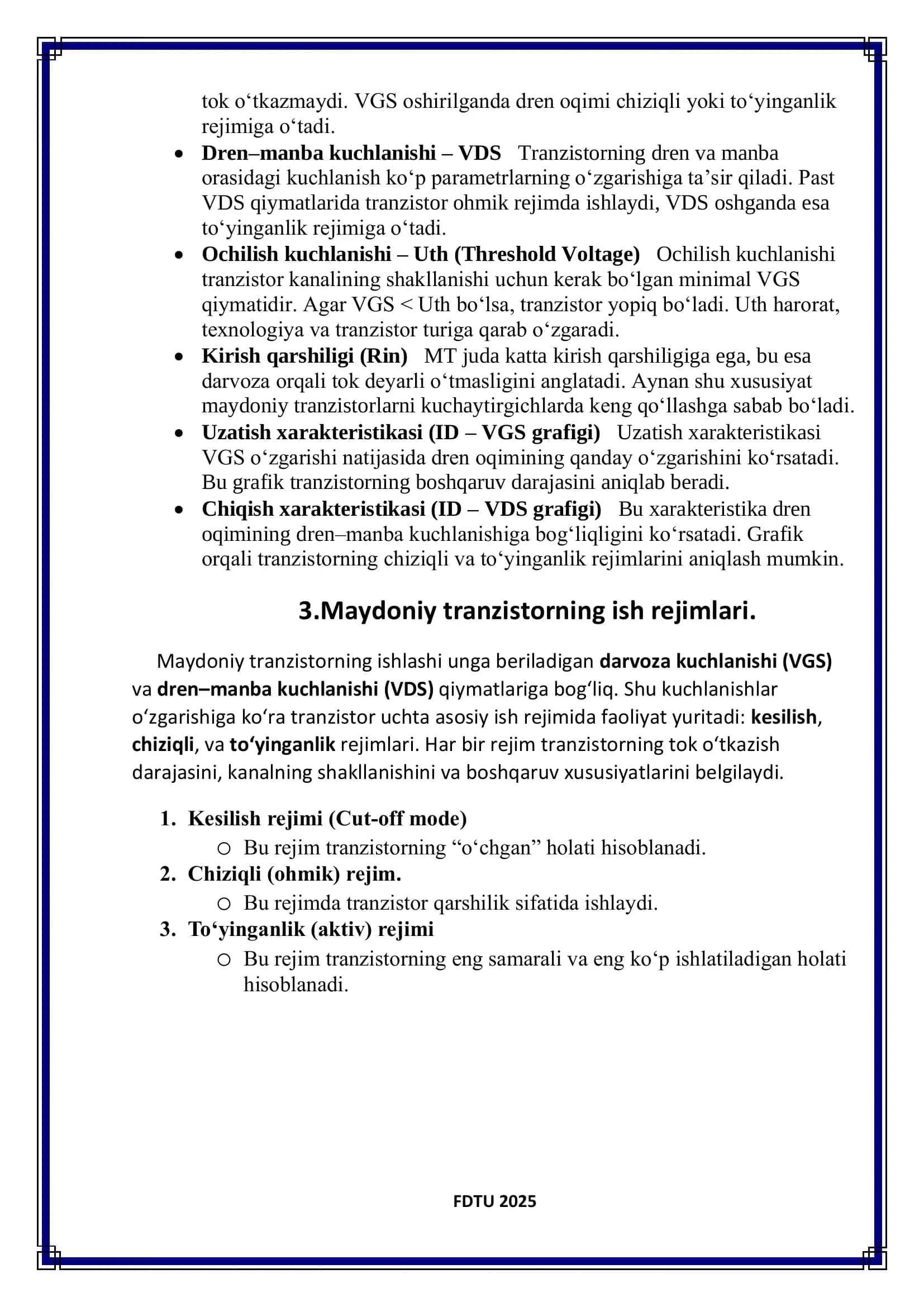 refarat elektronika fanidan Maydon transistoring parametrlarining ish rejimi va temperaturaga bog‘liqligi. 3