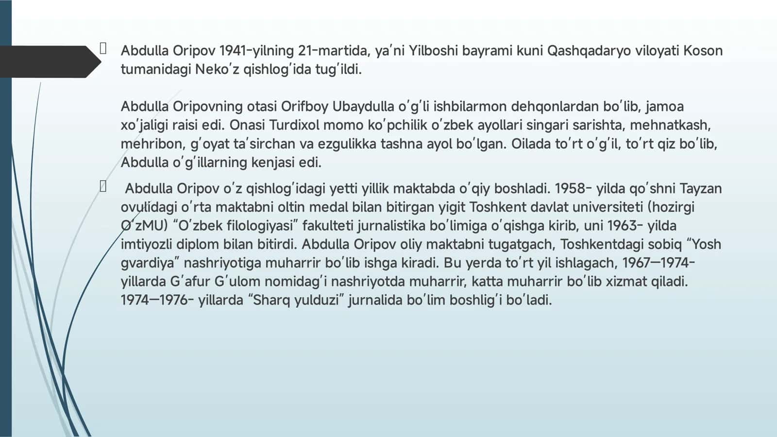 ABDULLA ORIPOV HAYOTI VA IJODI “JANNATGA YO’L” ASARI 3