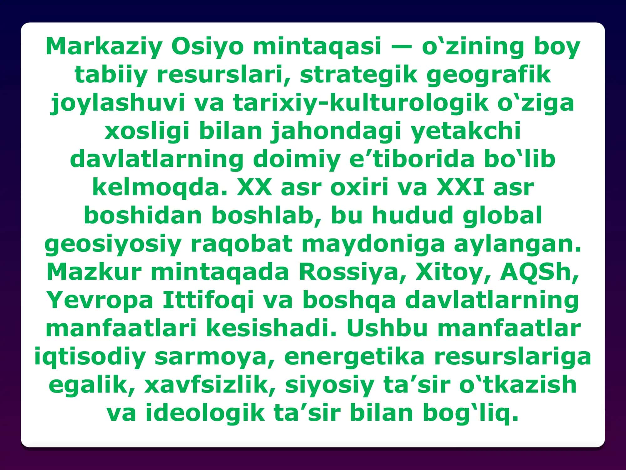 Jahondagi yetakchi davlatlarning Markaziy Osiyo mintaqasidagi siyosiy va iqtisodiy manfaatlari 3