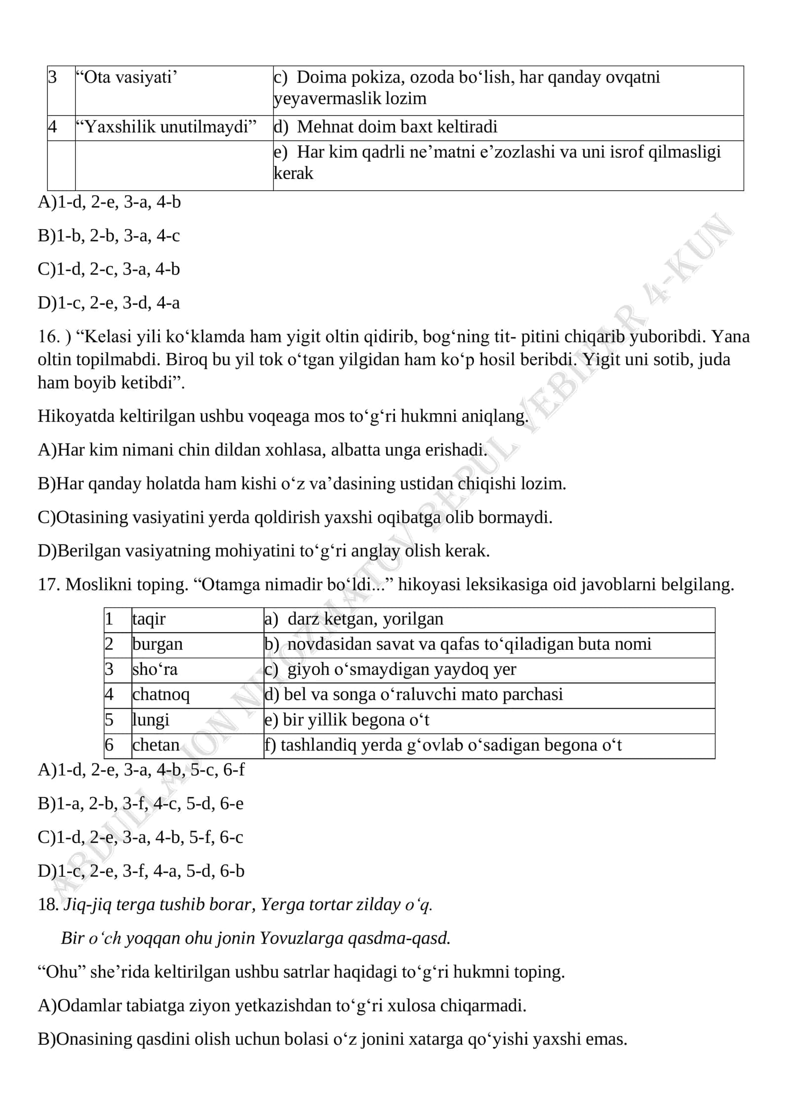 5-sinf adabiyotidan sinov test 3