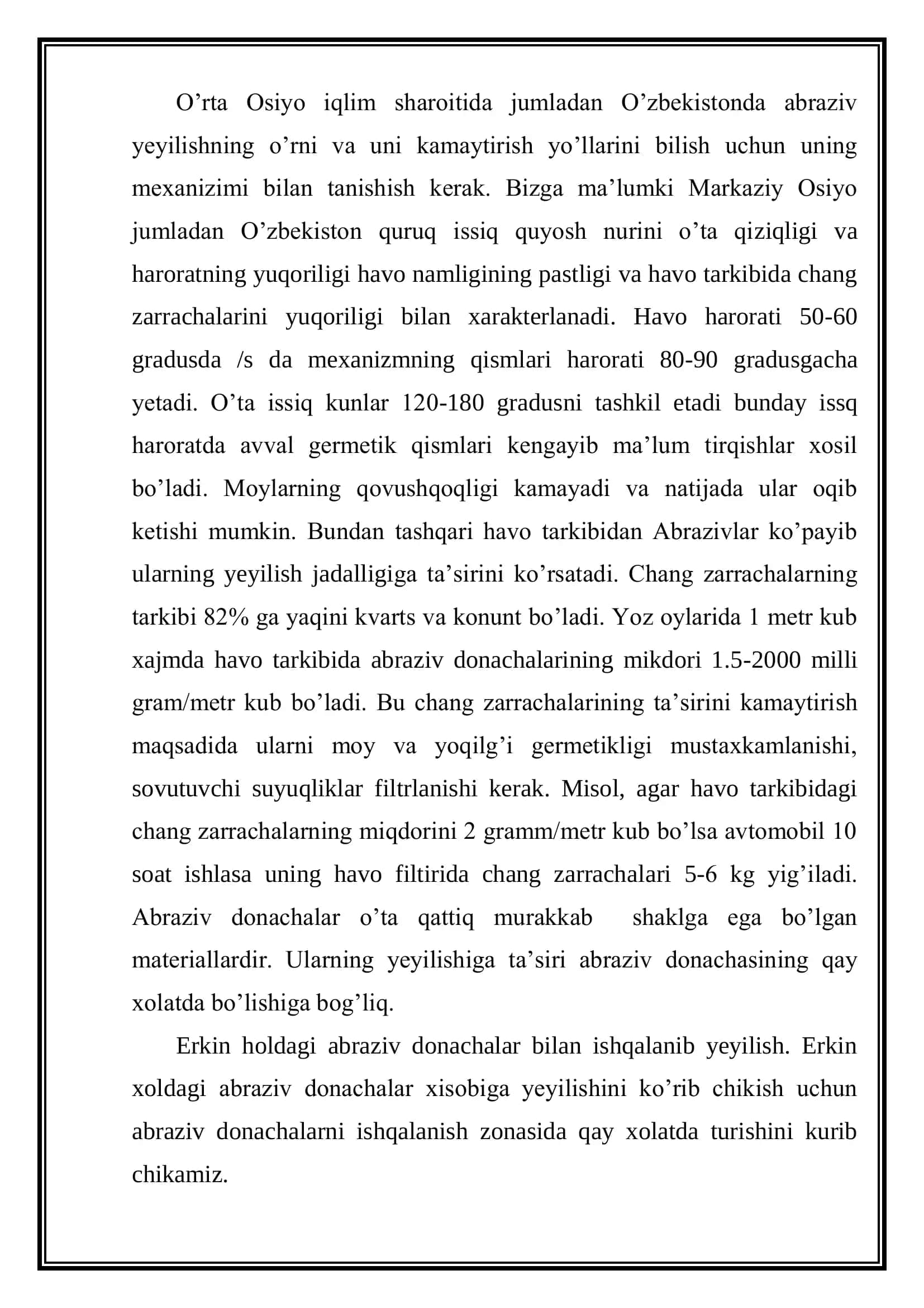 Markaziy osiyo iqlim sharoitida abraziv yeyilishini mashina detallari ish qobiliyatiga ta’sirini o‘rganish 3