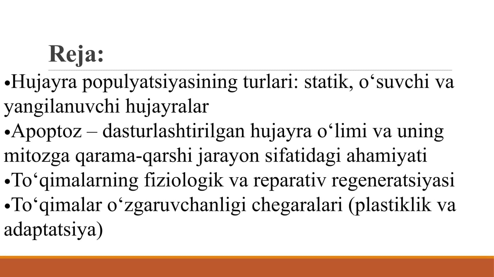 Hujayra populyatsiyalarining turlari: statik, o‘suvchi, yangilanuvchi. Apoptoz - dasturlashtirilgan hujayra o‘limi va mitozning aksi. To‘qimalarning fiziologik va reparative regeneratsiyasi.To‘qimalar o‘zgaruvchanligi chegaralari 3