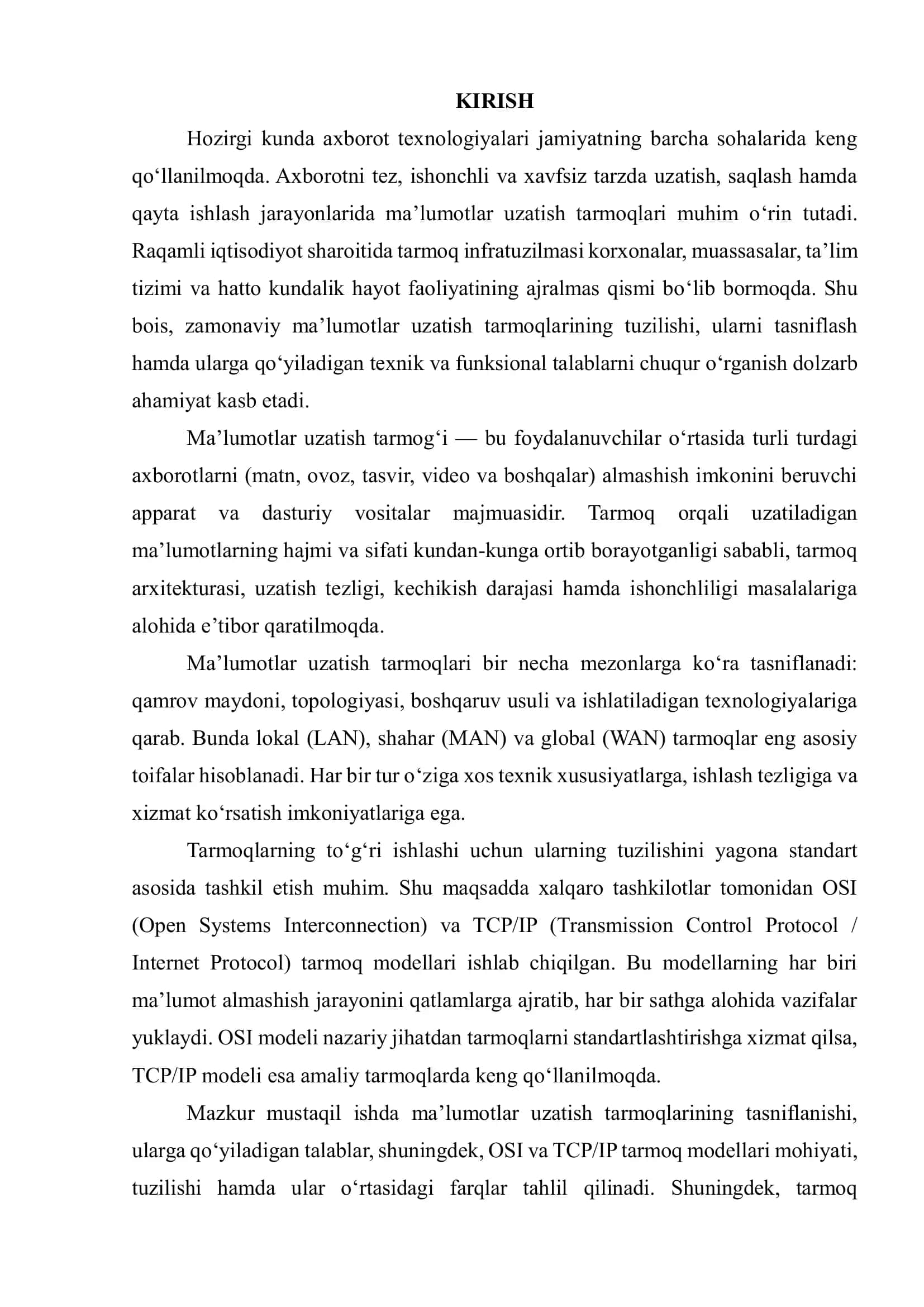 Ma’lumotlar uzatish tarmoqlarini tasniflanishi va ularga qo‘yiladigan talablar. OSI va TCP/IP tarmoq modellari 3