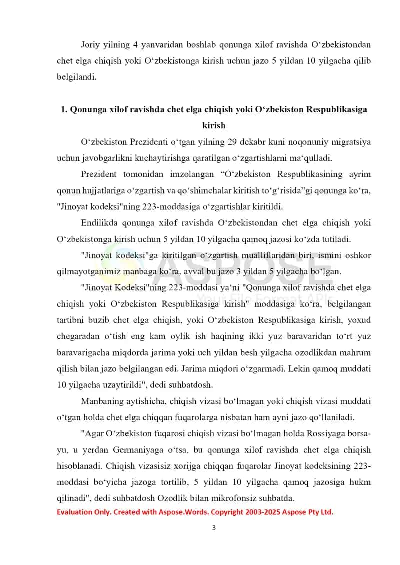 Qonunga xilof ravishda chet elga chiqish yoki O‘zbekiston Respublikasiga kirish 3
