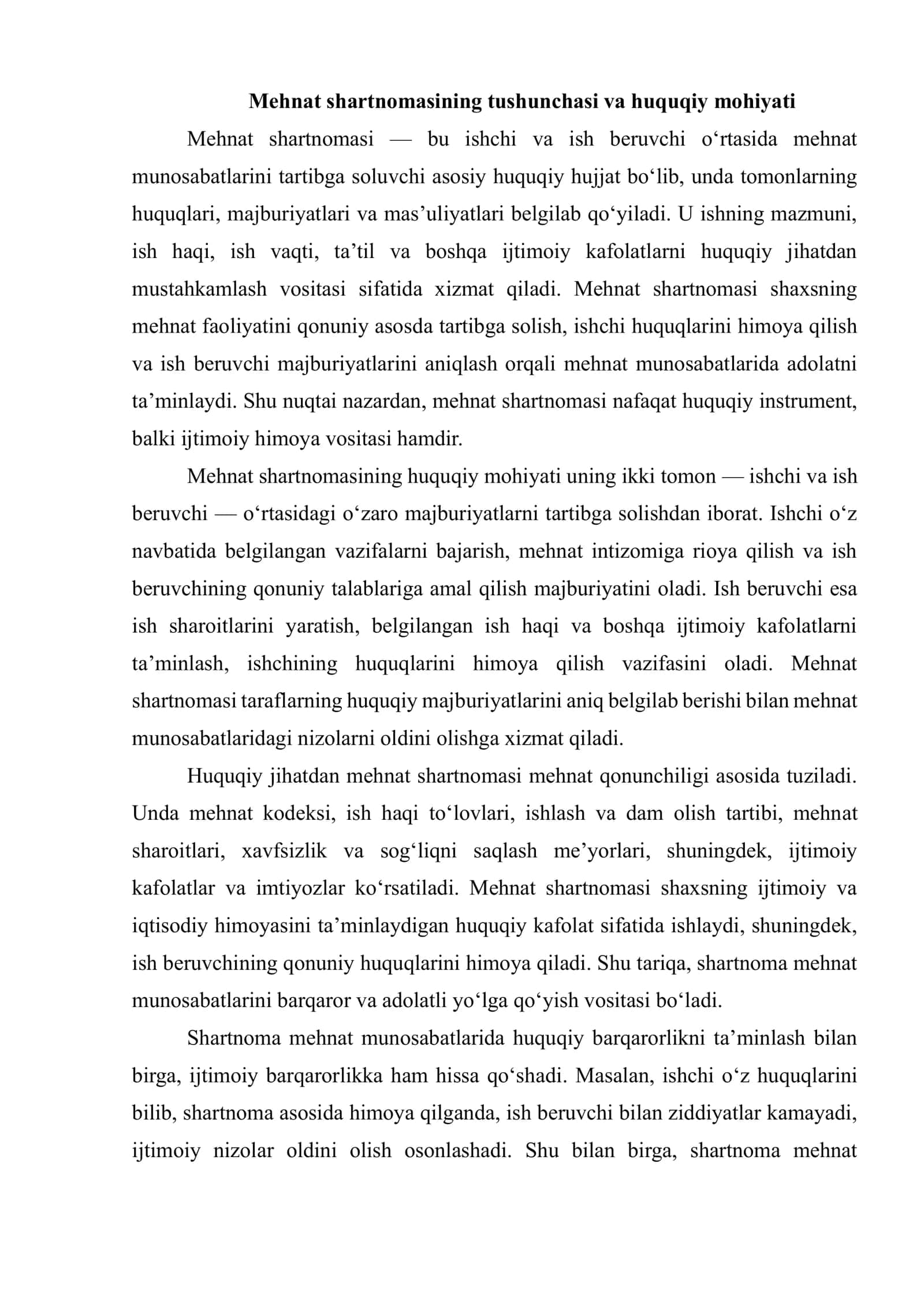 MEHNAT SHARTNOMASINI TUZISH TARTIBI, TARAFLARNING MAJBURIYATLARI, O‘ZGARTIRISH KIRITISH VA BEKOR QILISH 3