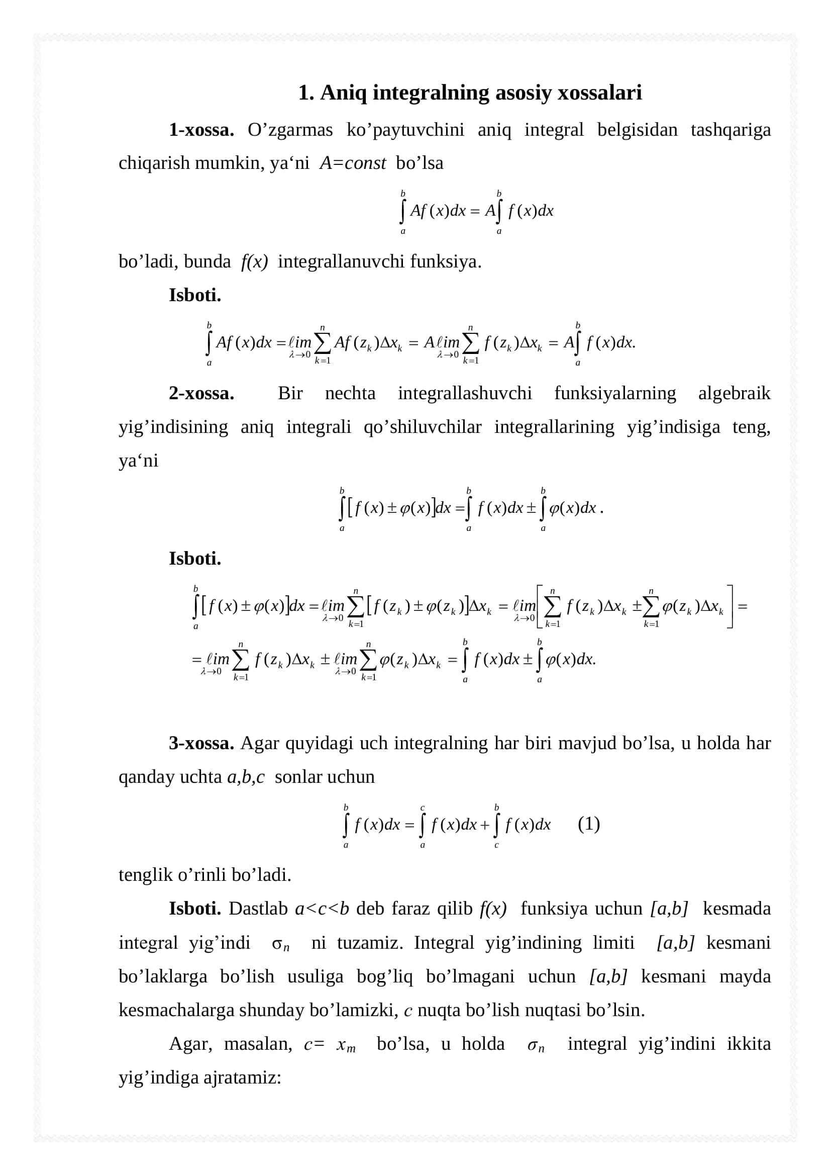 Aniq integralning asosiy xossalari va aniq integrallarni hisoblash 3