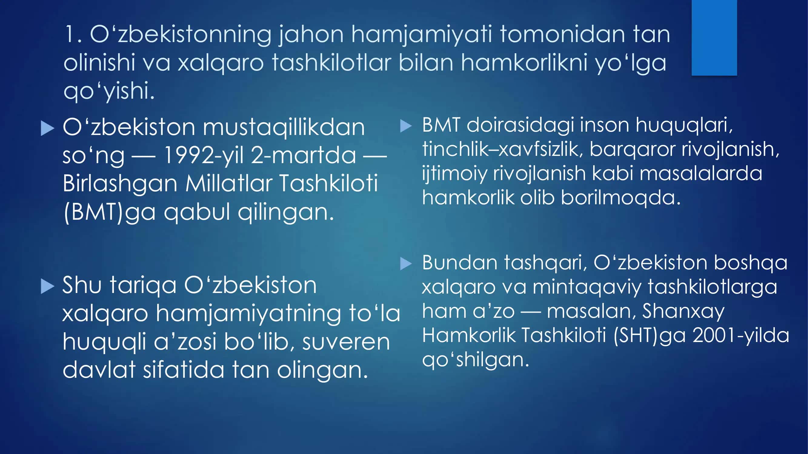 O‘zbekistonning Xalqaro Tashkilotlar Bilan Hamkorligi 3