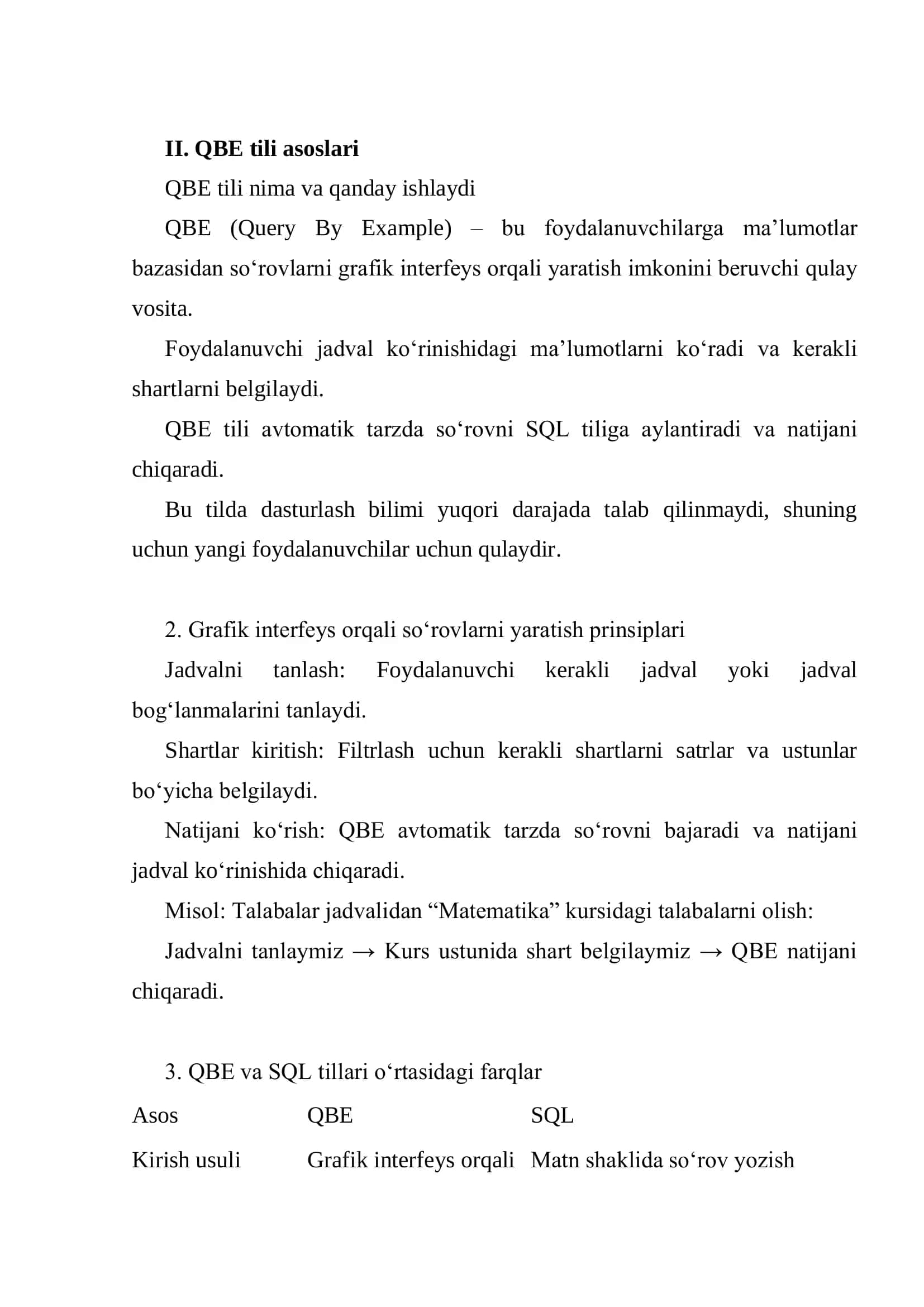 QBE tili tajriba sinovi ishlarini amalga oshirish 3