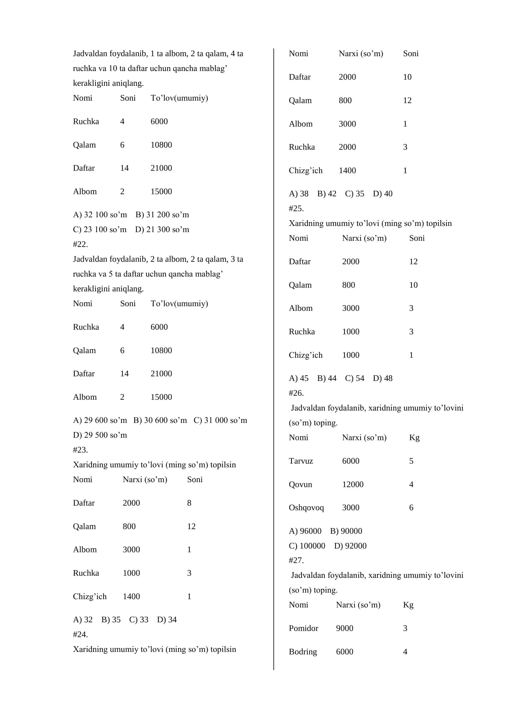 Majburiy matematikadan testlar 3