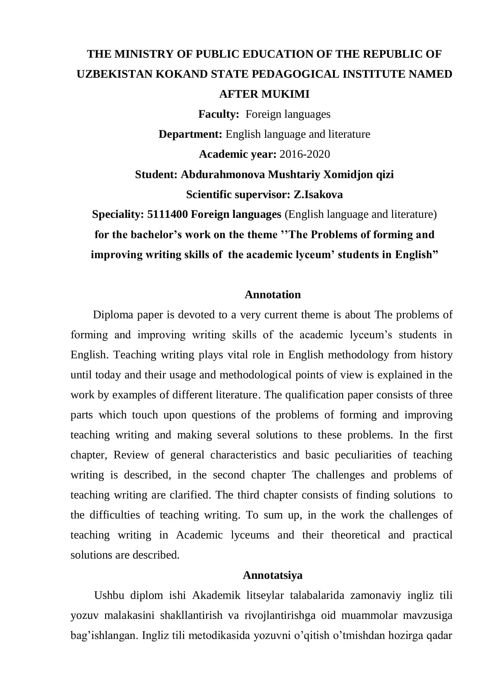 The Problems of forming and improving writing skills of the academic lyceums‘ students in English 3