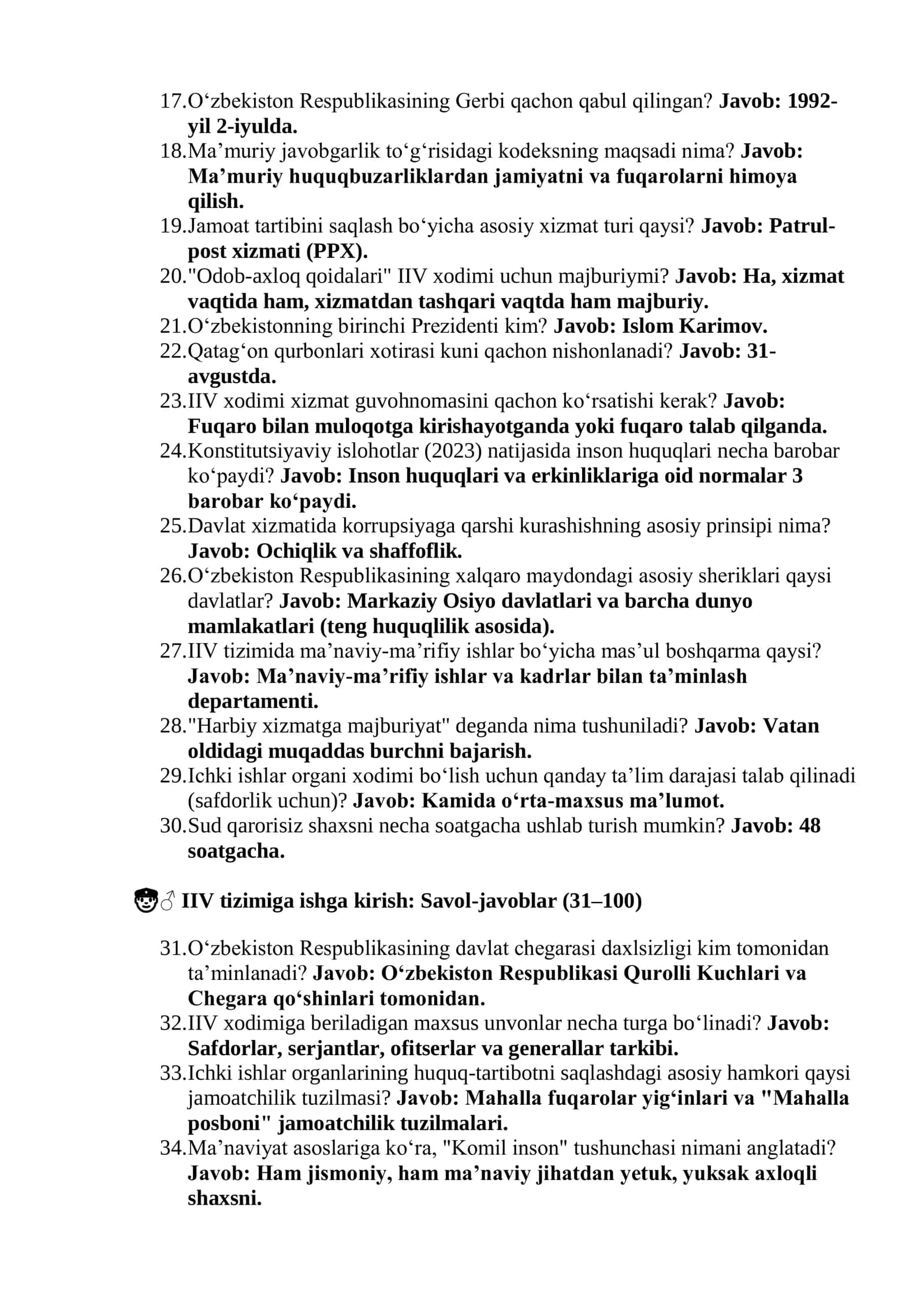 IIV Safdorlik va Serjantlik imtihonlari: 400 ta saralangan DTM test va javoblar bazasi (2026) 3