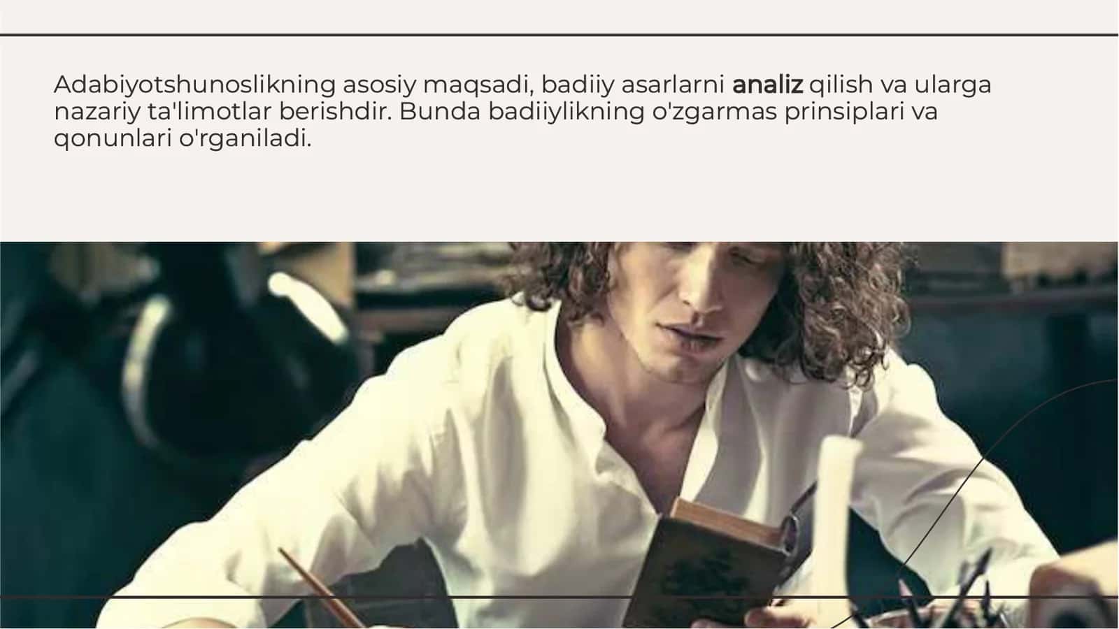 Adabiyotshunoslik nazariyasi Maqsadlar va vazifalar. Badiiy adabiyotga oʻxshash fan. Badiiylikning belgilari va xususiyatlari 3