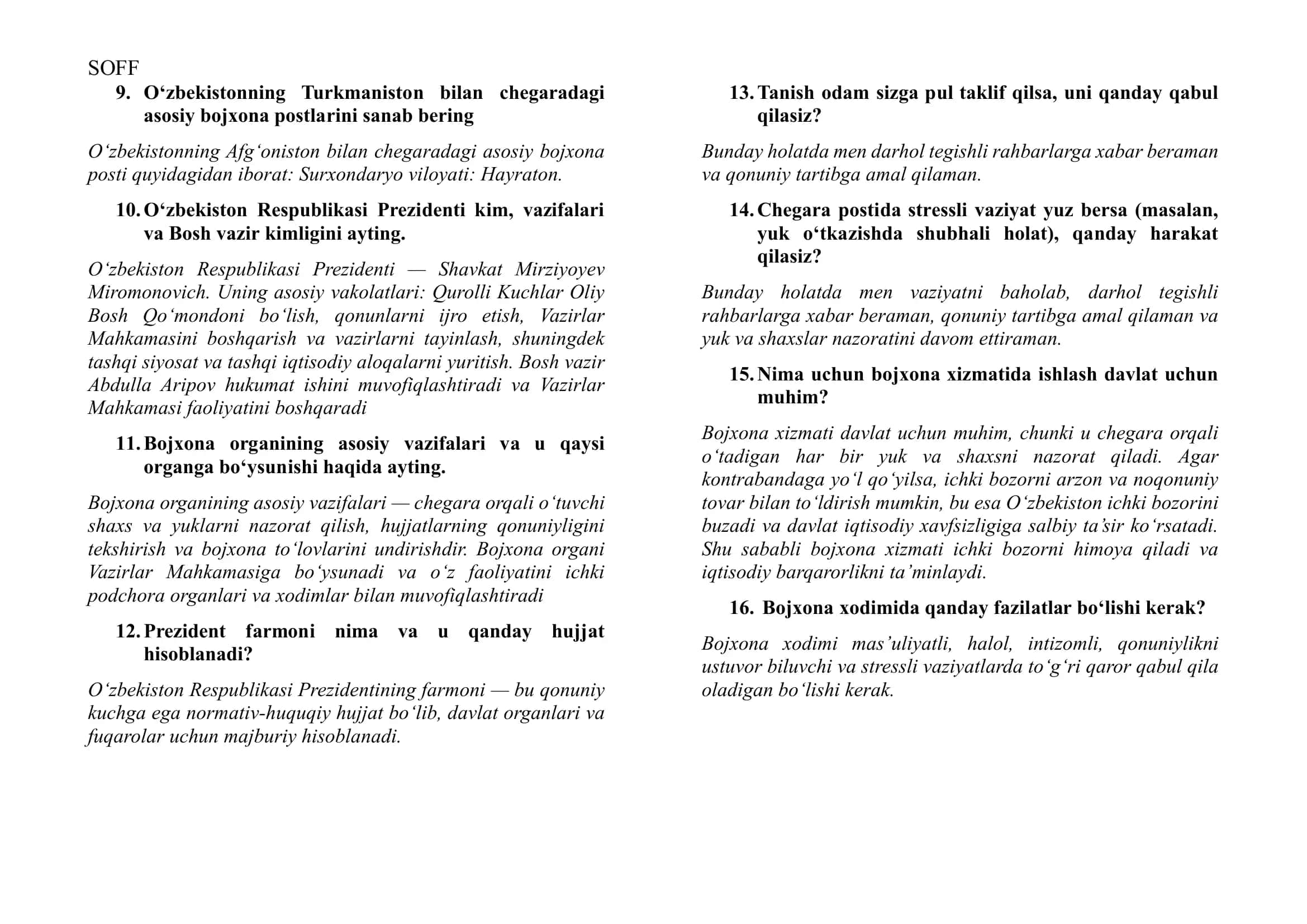 O’ZBEKISTON RESPUBLIKASI DAVLAT BOJXONA ISHI YUZASIDAN SARALASH SUHBAT IMTIHONLARI UCHUN QO’LLANMA 3