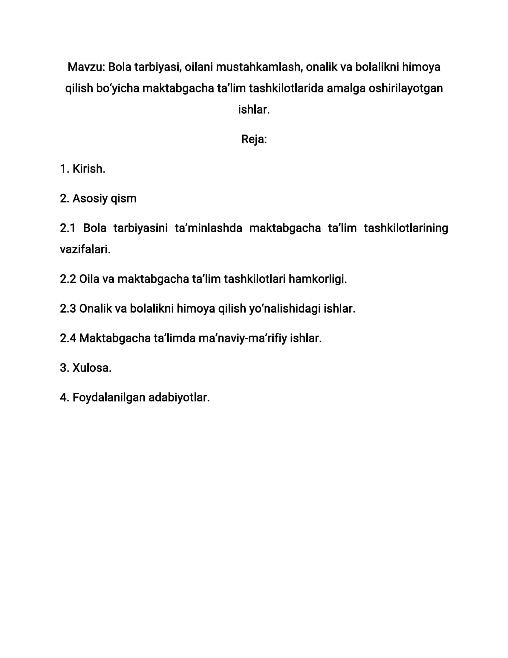 Bola tarbiyasi, oilani mustahkamlash, onalik va bolalikni himoya qilish bo‘yicha maktabgacha ta’lim tashkilotlarida amalga oshirilayotgan ishlar 3