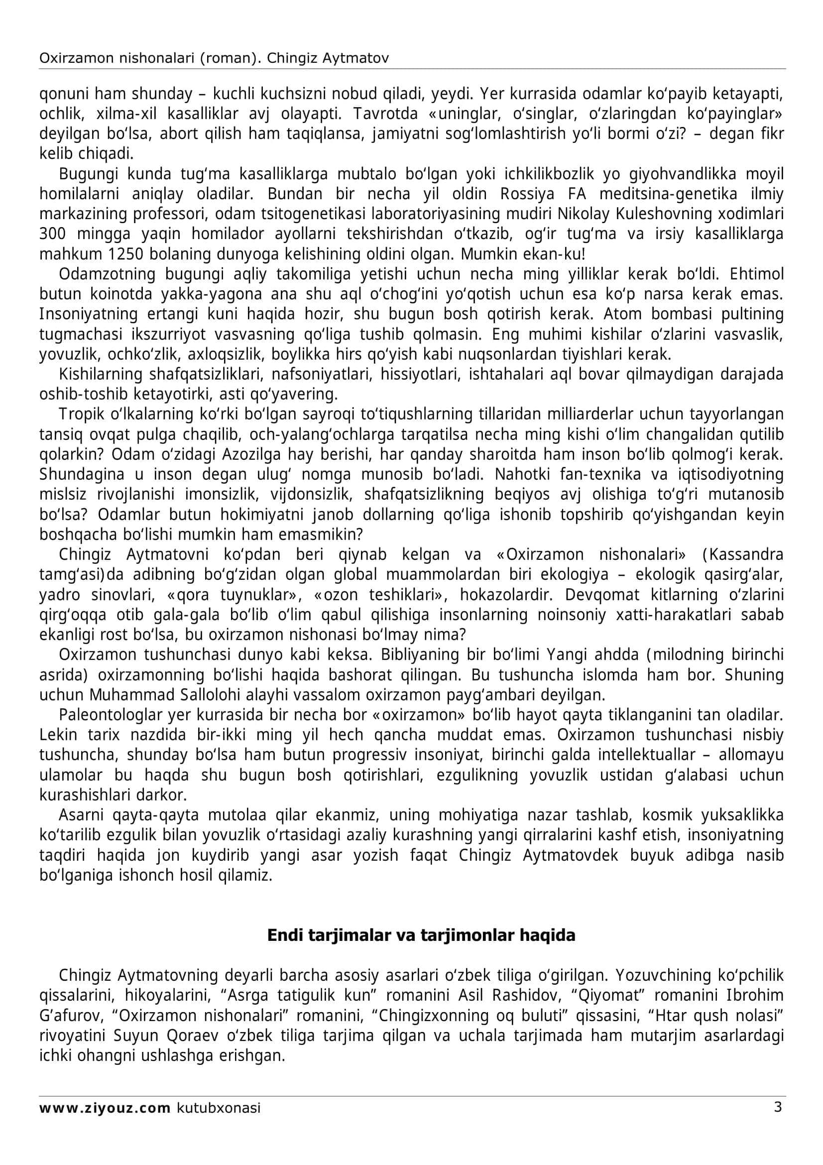 Oхirzamon nishonalari (roman). Chingiz Aytmatov 3