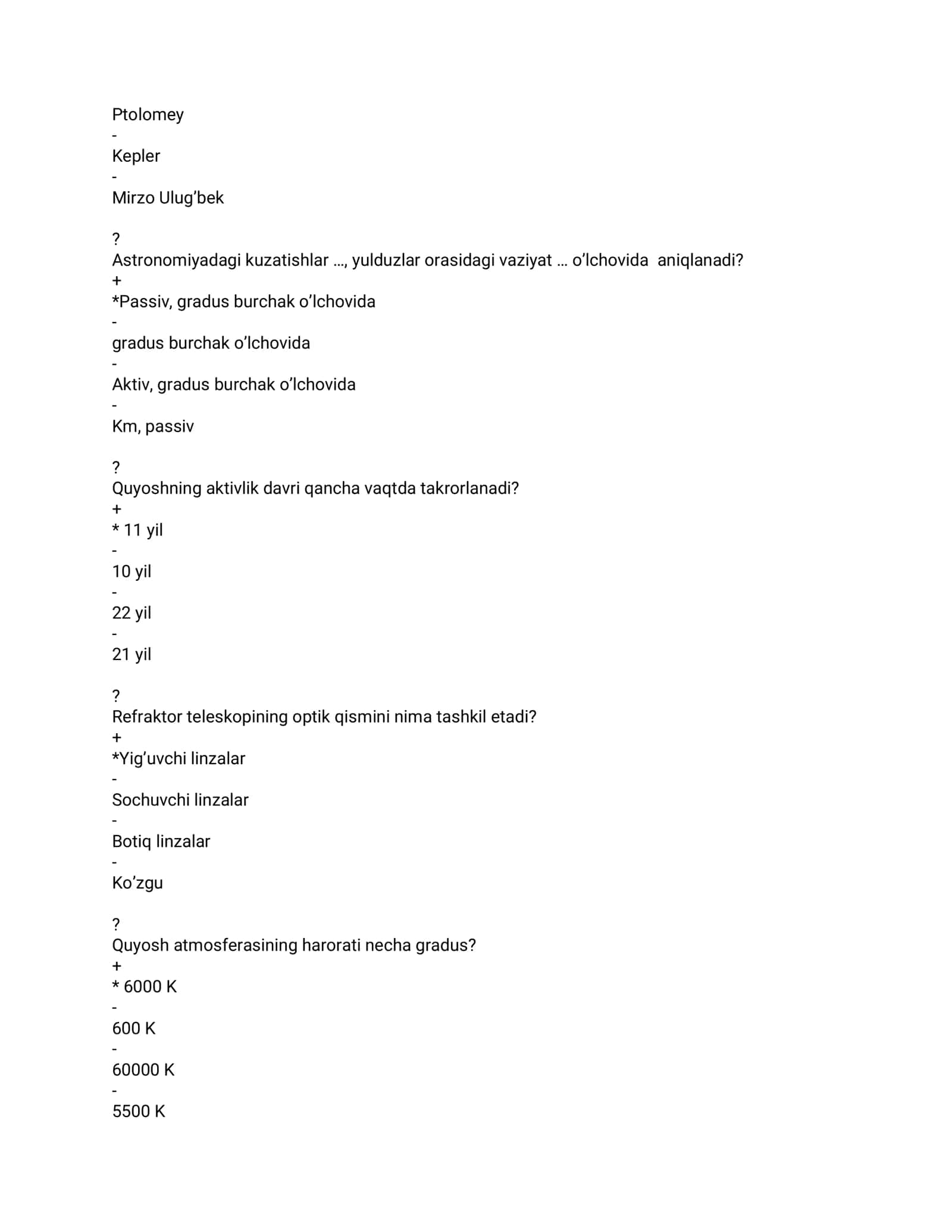 Astronomiya fanidan nazorat testlari (javoblari bilan). 3