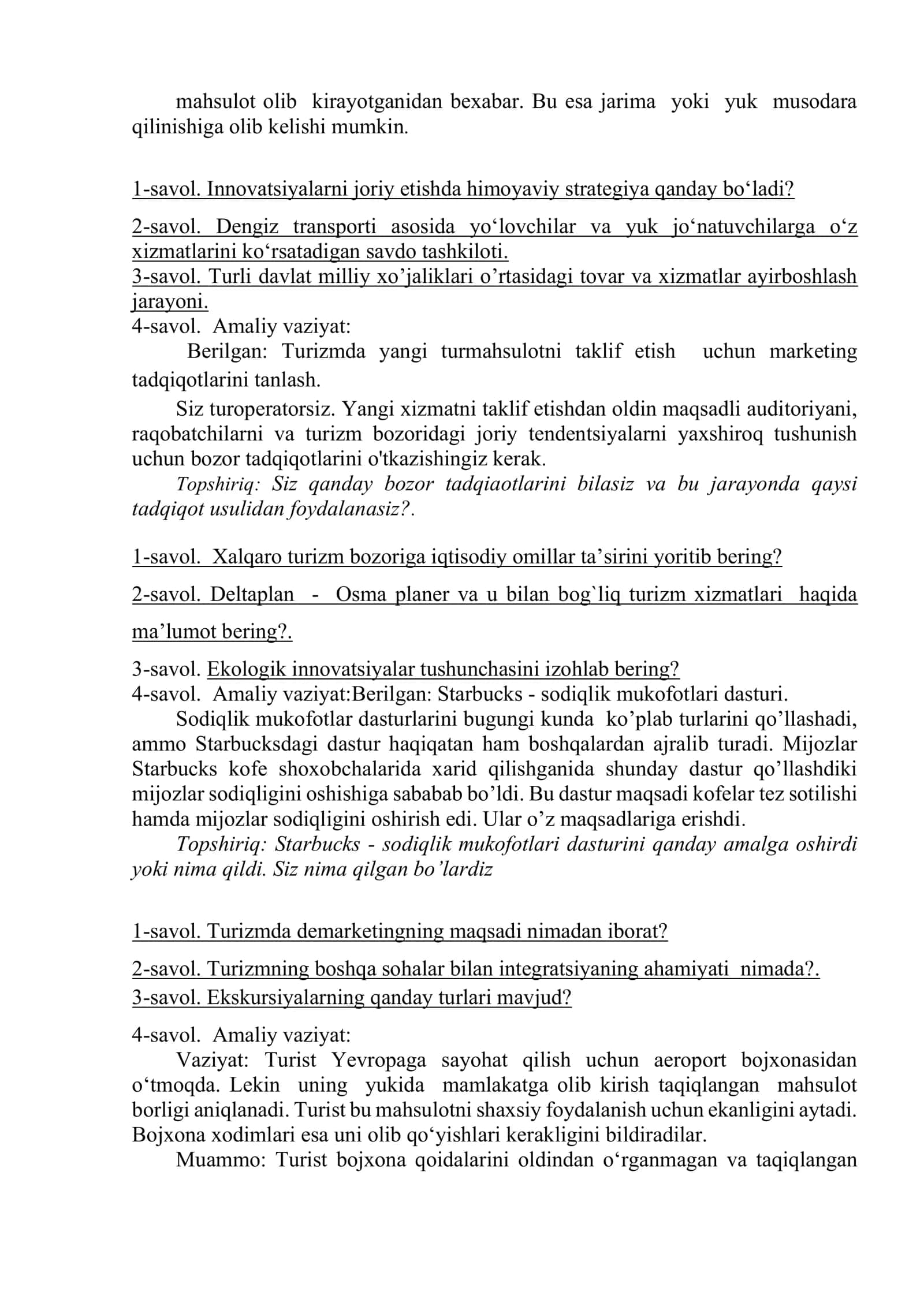 TURIZM (FAOLIYAT YO’NALISHLARI BO‘YICHA) TAʼLIM YOʻNALISHINING MAXSUS (MAJBURIY) FANLAR BO’YICHA YAKUNIY DAVLAT ATTESTATSIYASI SAVOLLAR KITOBI 3