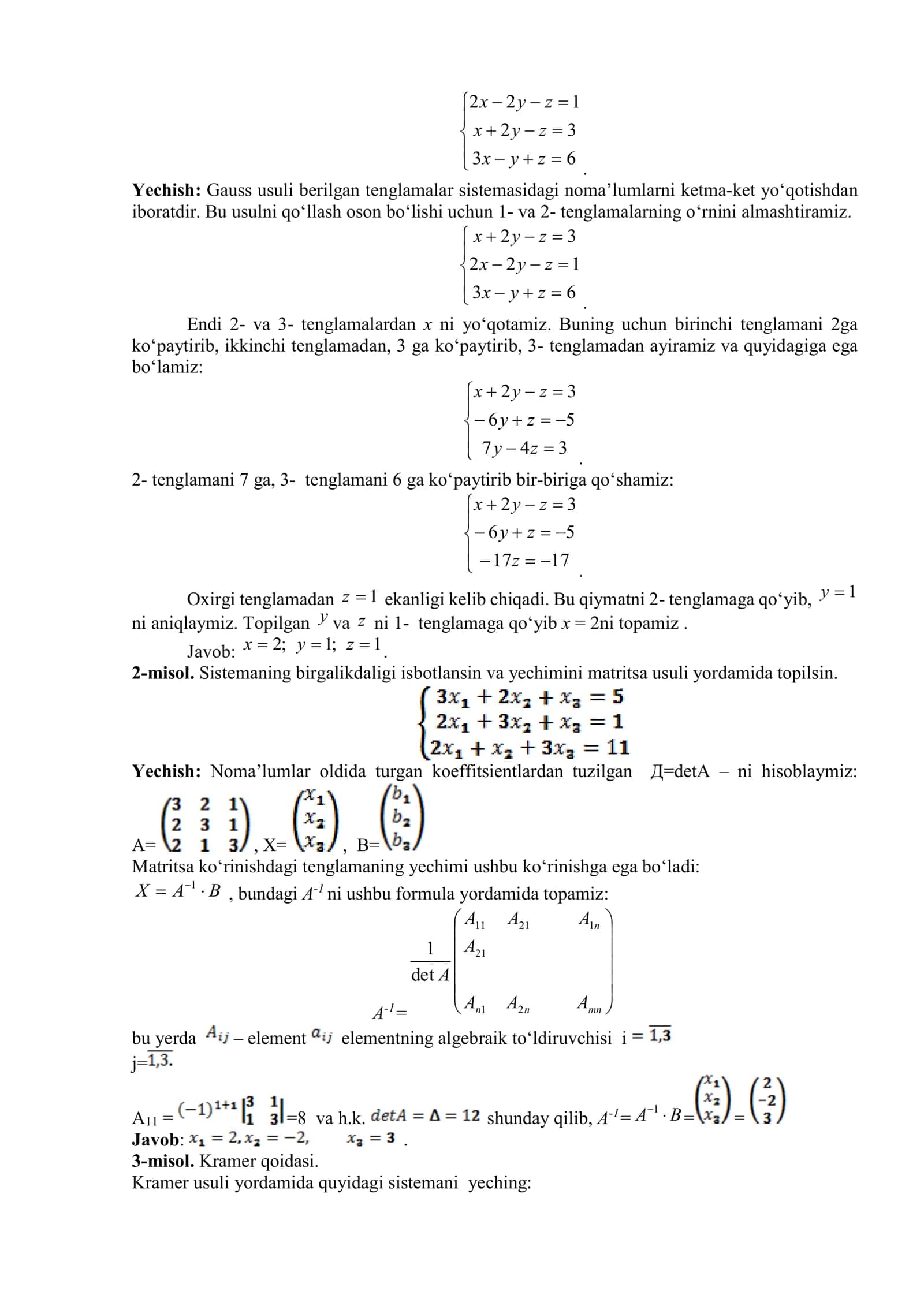 Chiziqli Tenglamalar Sistemasi. Krammer va Gauss usulida yechish 3