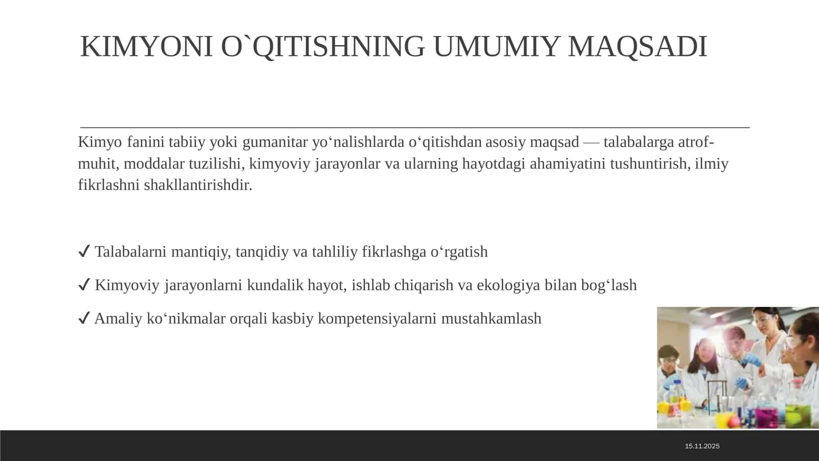 Tabiiy va gumanitar fakultetlarida kimyo o‘qitishning maqsadlari va mazmuni 3