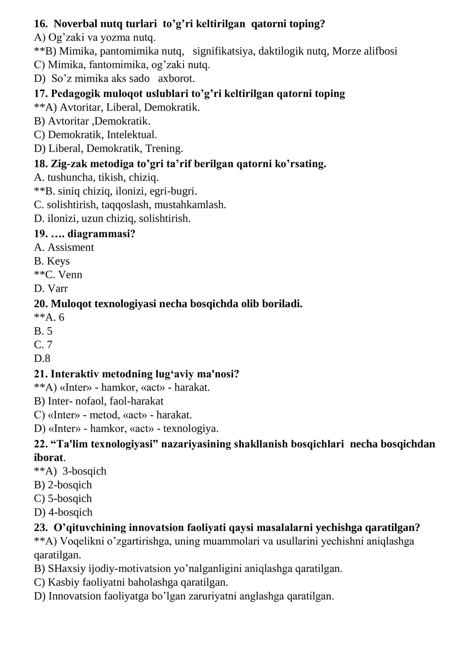 Toifa attestatsiya sinovlari uchun pedagogik mahorat testlari (Javoblari bilan) 3