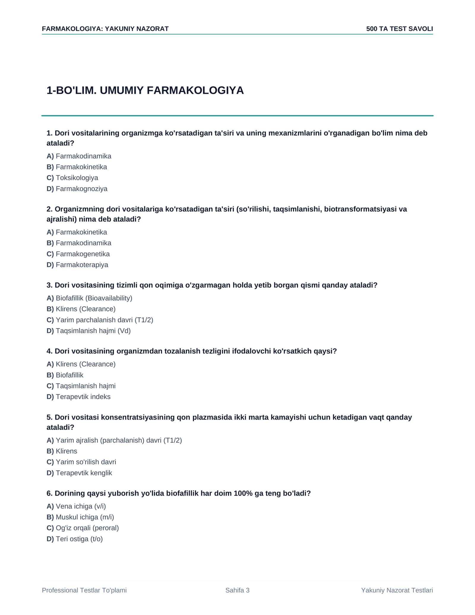 Farmakologiya — yakuniy nazorat uchun 500 ta test savoli + javoblari 3