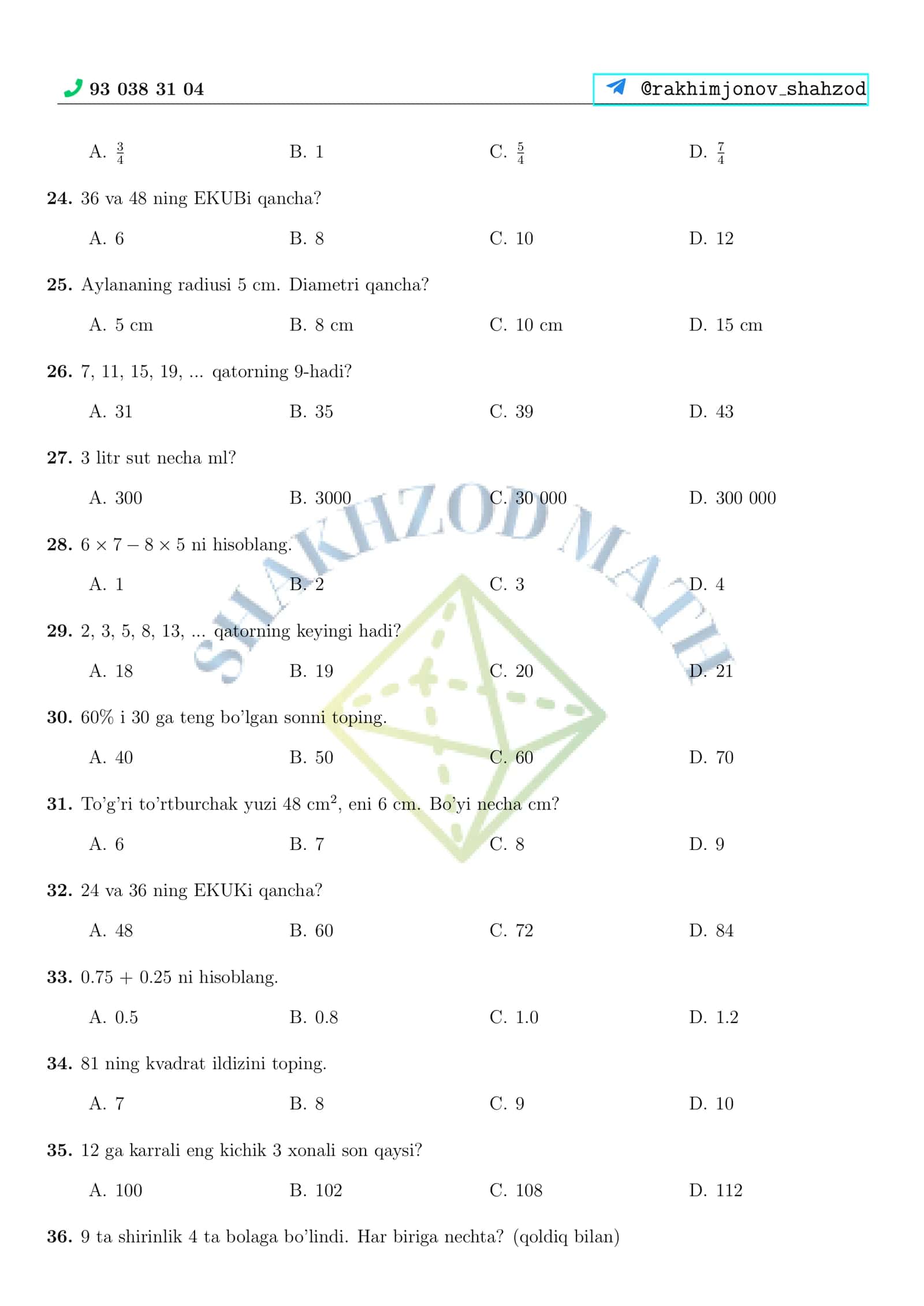 Matematika testlari (2–4-sinflar) 3