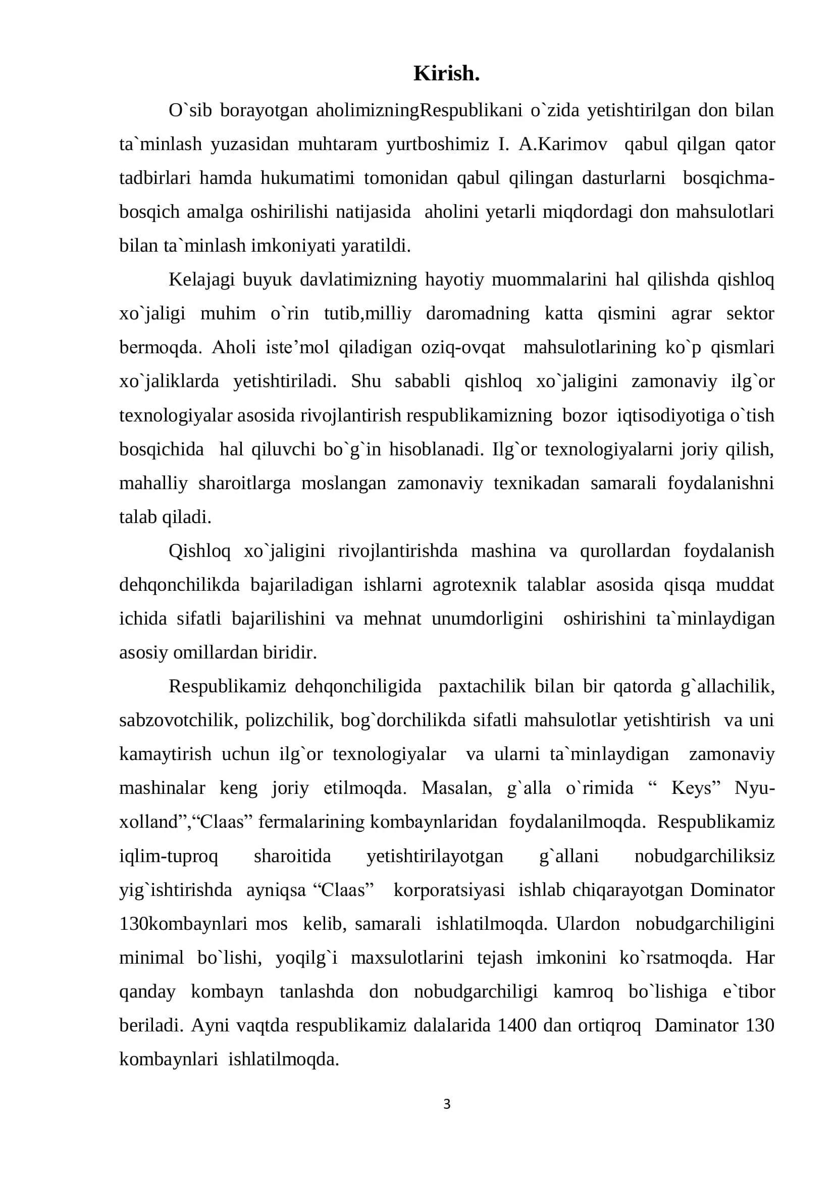 Ғалла комбайнидан фойдаланиб, ғалла хосилини йиғиштириш технологиясида содир бўладиган дон нобудгарчилигини камайтириш мавзуси 3